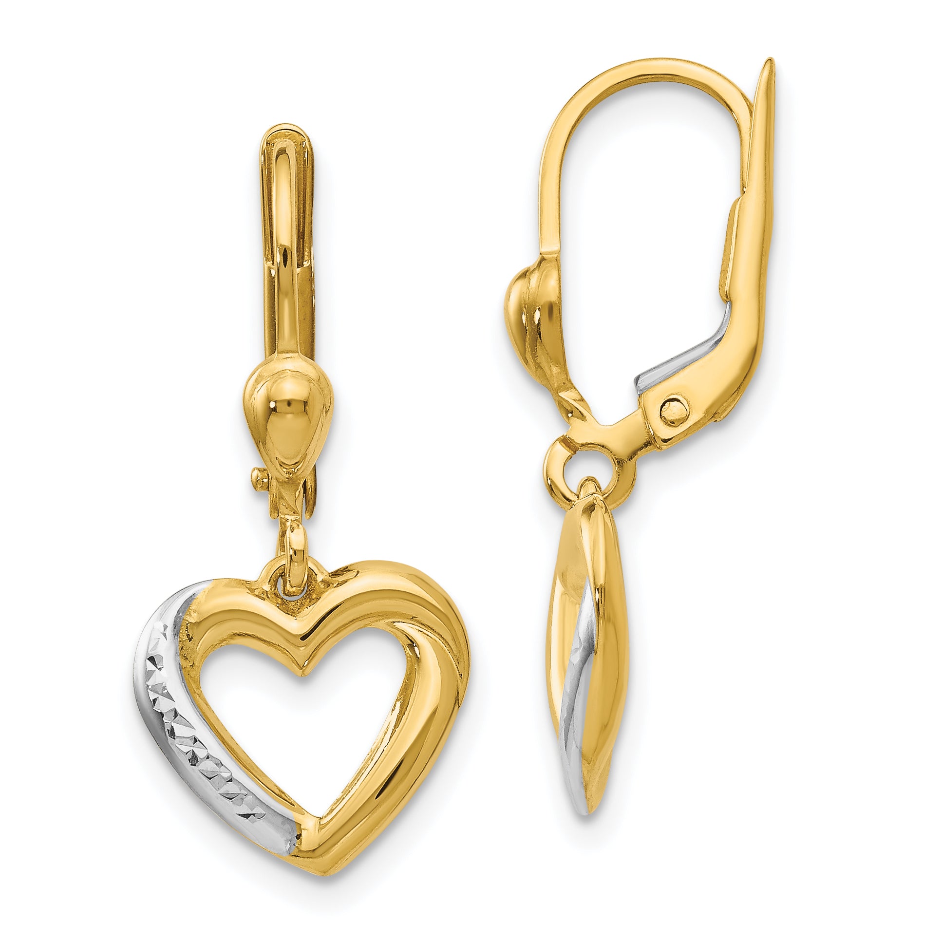 14K and Rhodium Textured and Polished Heart Leverback Earring Main image