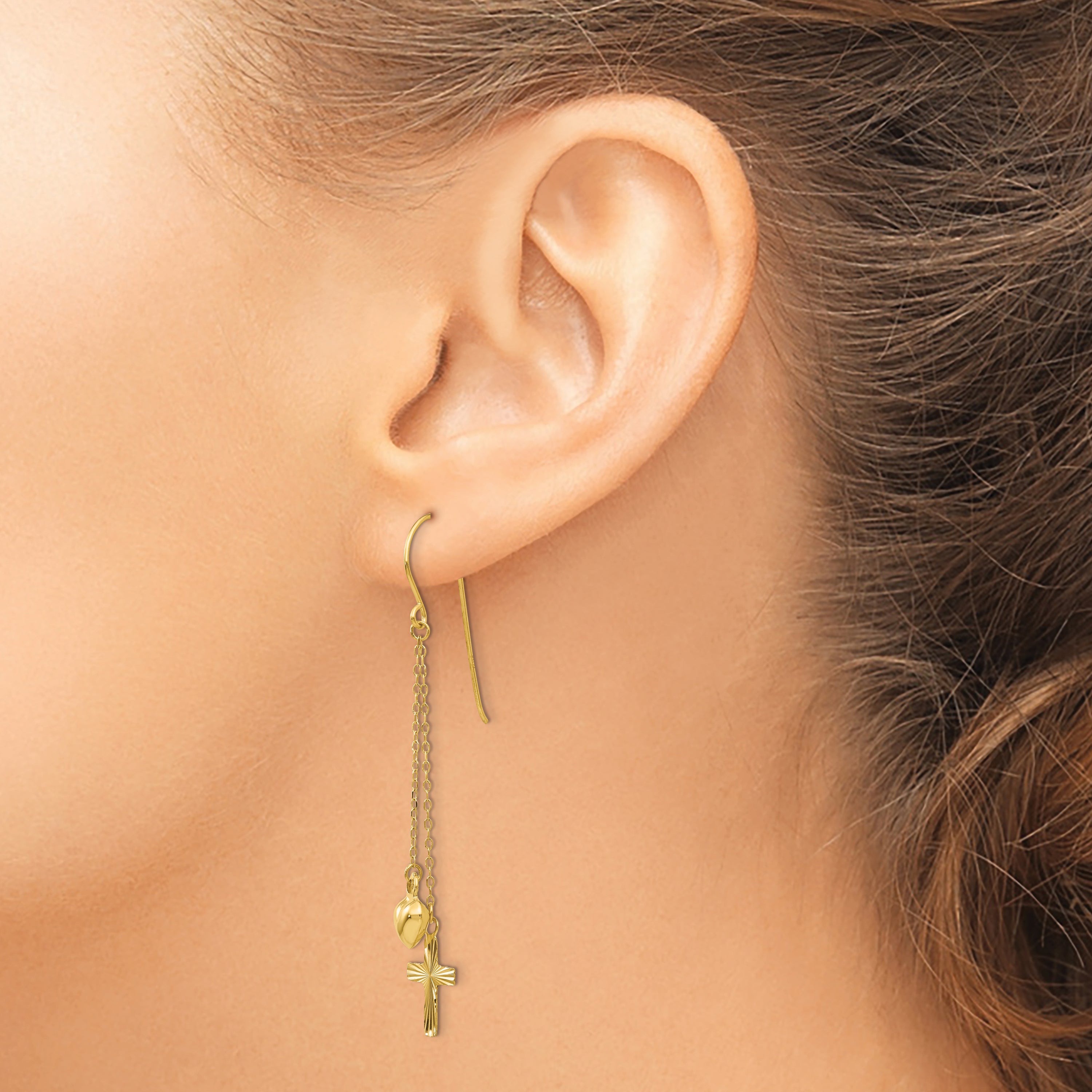 14K Ropa Chain Puffed Heart and Diamond Cut Cross Dangle Earrings