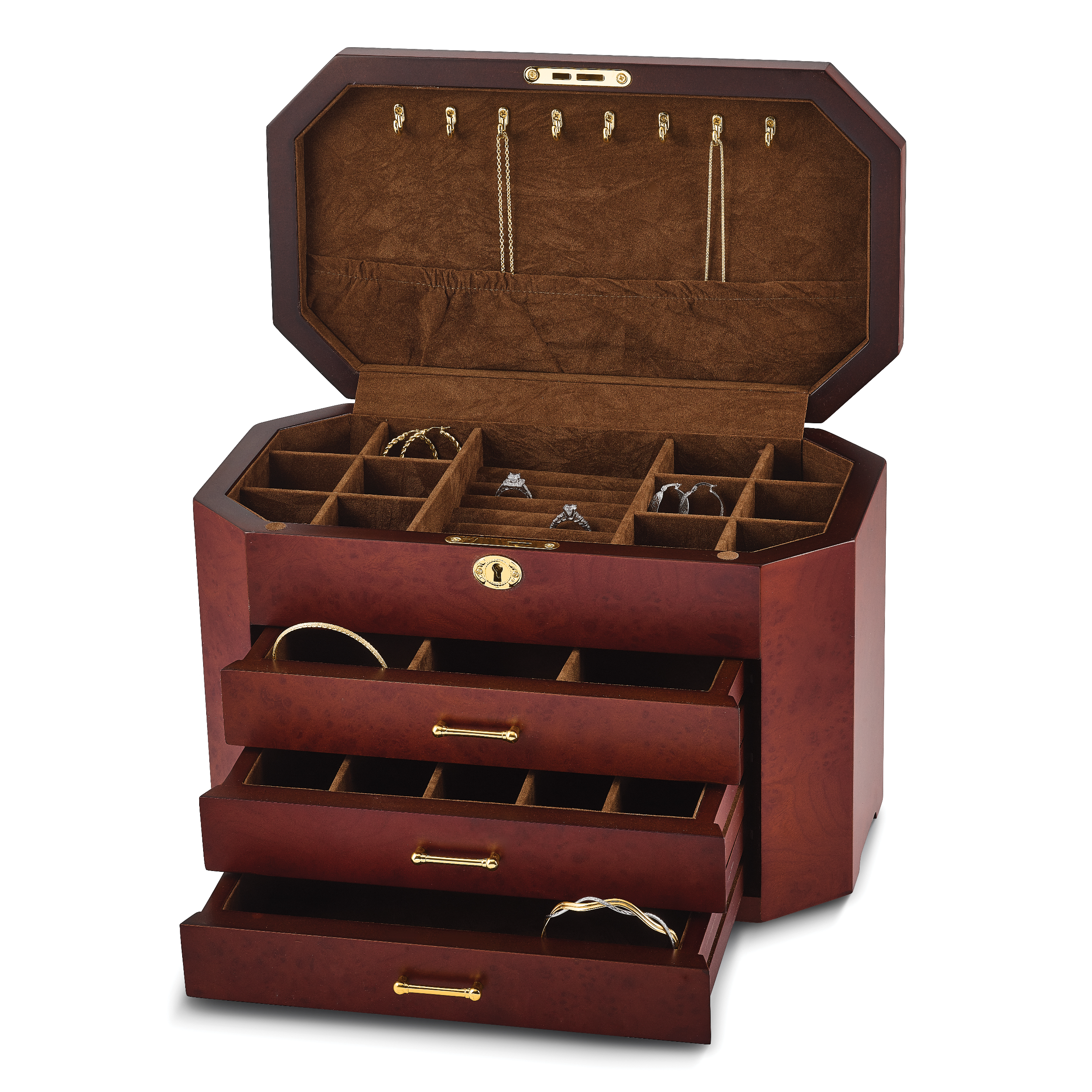 Luxury Giftware by Jere High GloSterling Silver Burlwood Veneer with Black Accents 3-drawer Locking Wooden Jewelry Box Secondary image