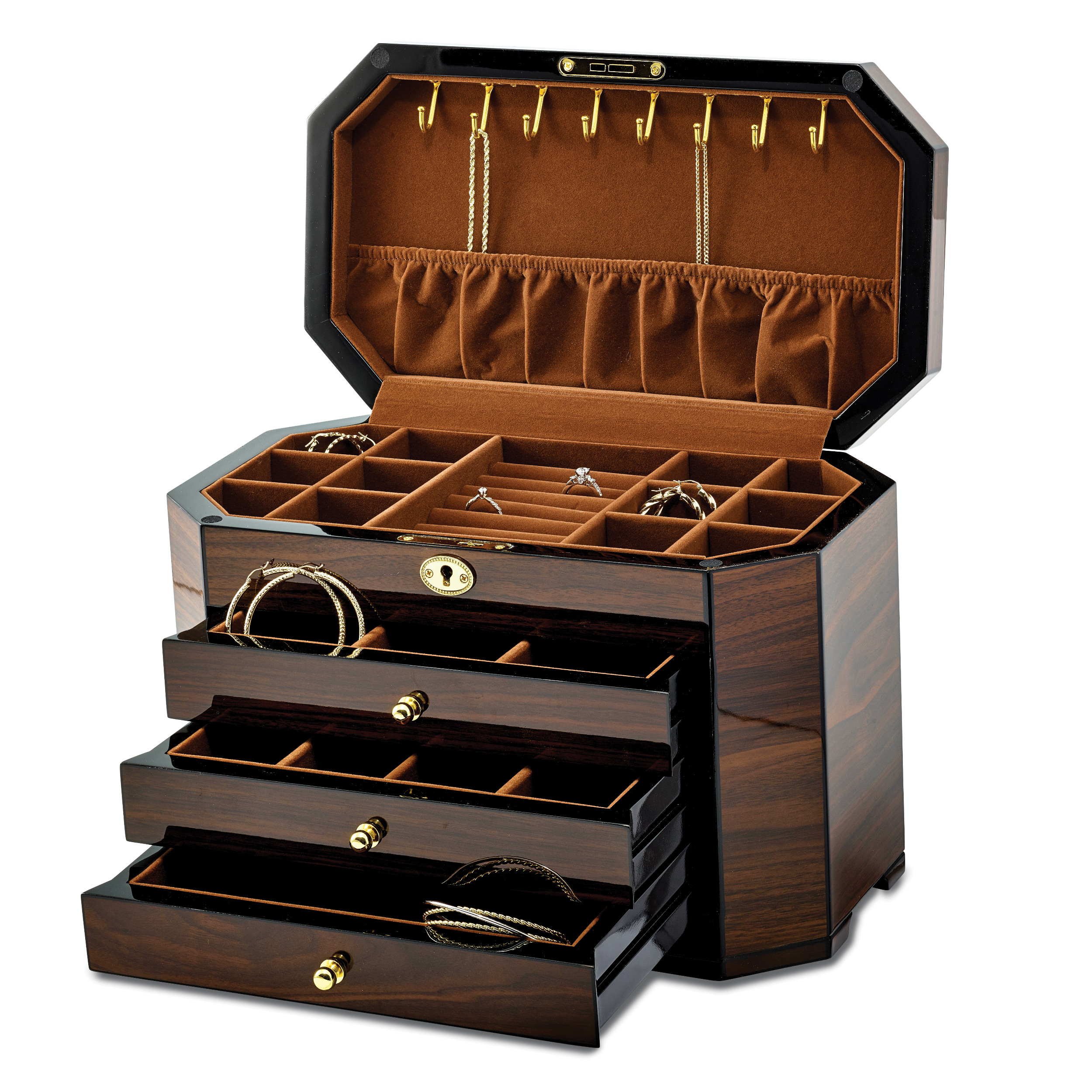 Luxury Giftware by Jere High GloSterling Silver Walnut Veneer with Black Accents 3-drawer Locking Wooden Jewelry Box Secondary image
