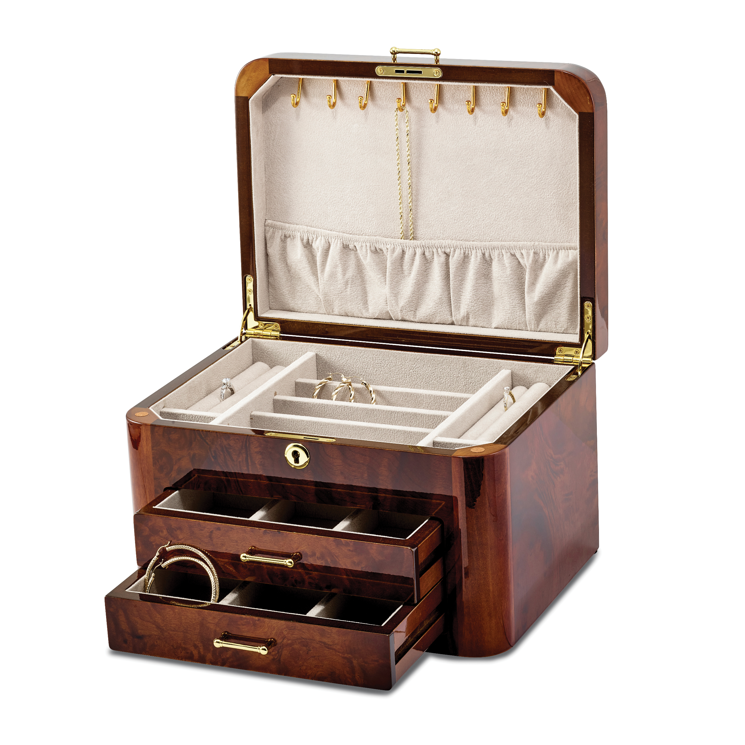 Luxury Giftware by Jere High GloSterling Silver Elm Burl Veneer with Double Braided Accents 2-drawer Locking Wooden Jewelry Box Secondary image