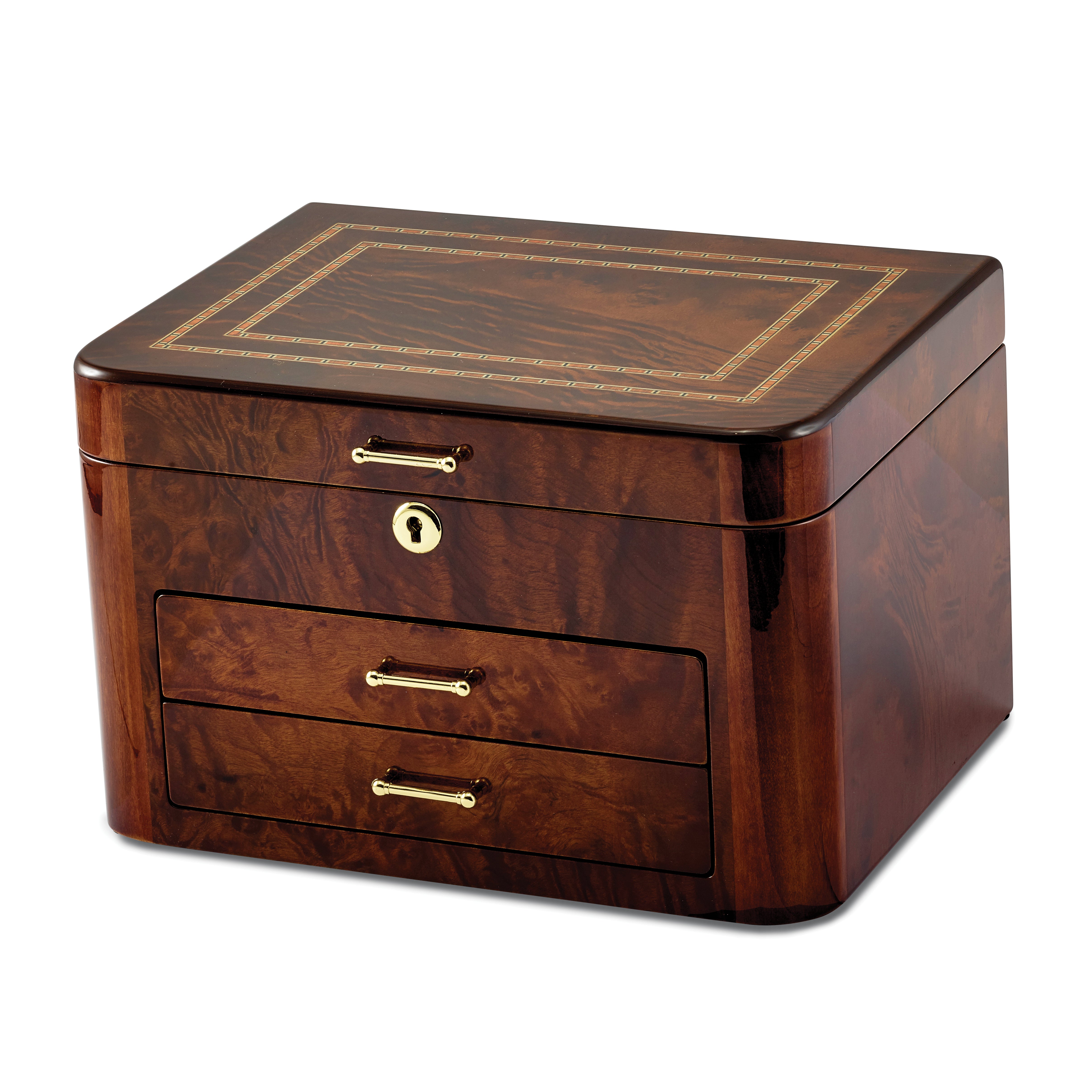 Luxury Giftware by Jere High Gloss Elm Burl Veneer with Double Braided Accents 2-drawer Locking Wooden Jewelry Box Main image