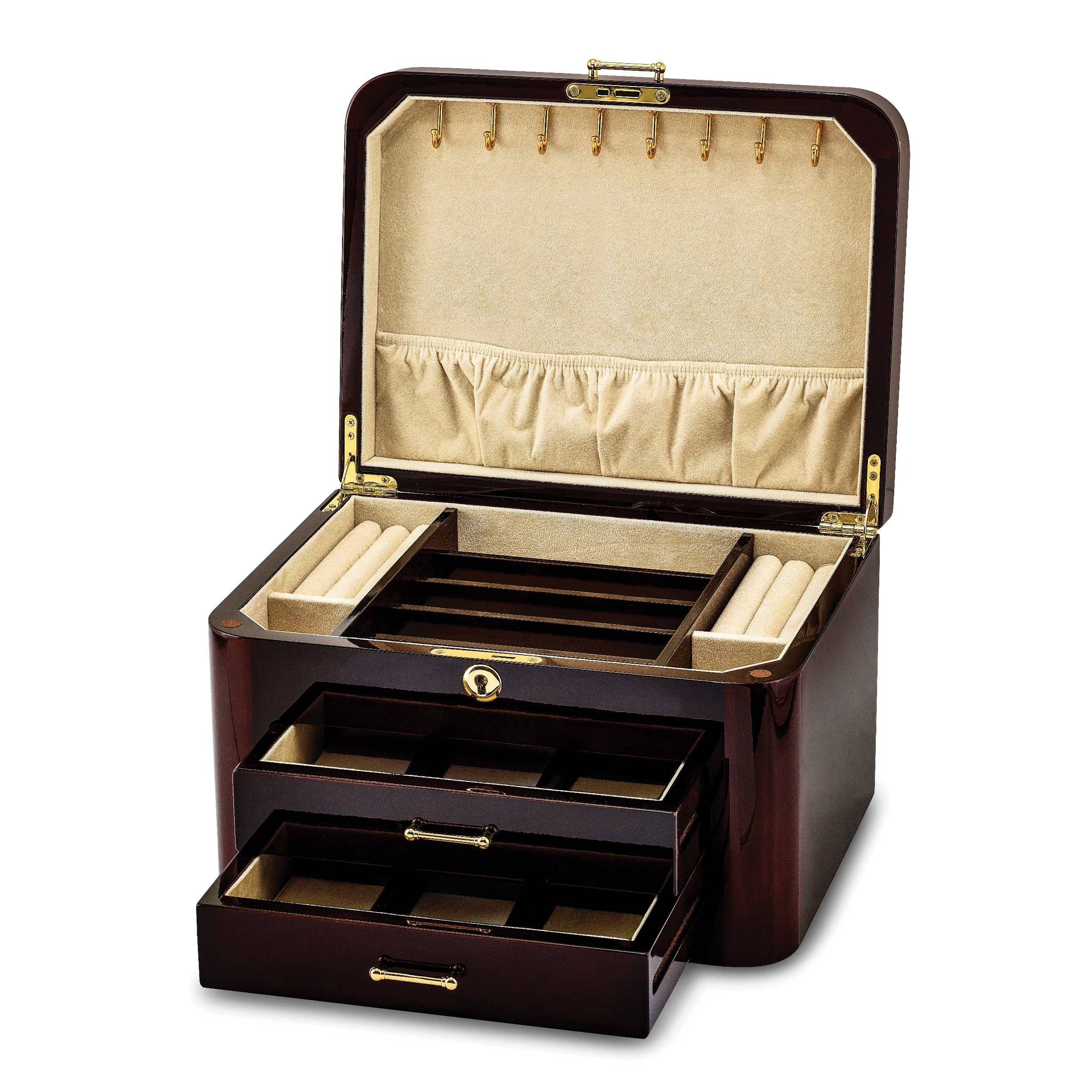 Luxury Giftware by Jere High Gloss Burgundy Bubinga Veneer w/Mapa Burl and Scrolled Inlay 2-drawer Locking Wooden Jewelry Box Main image