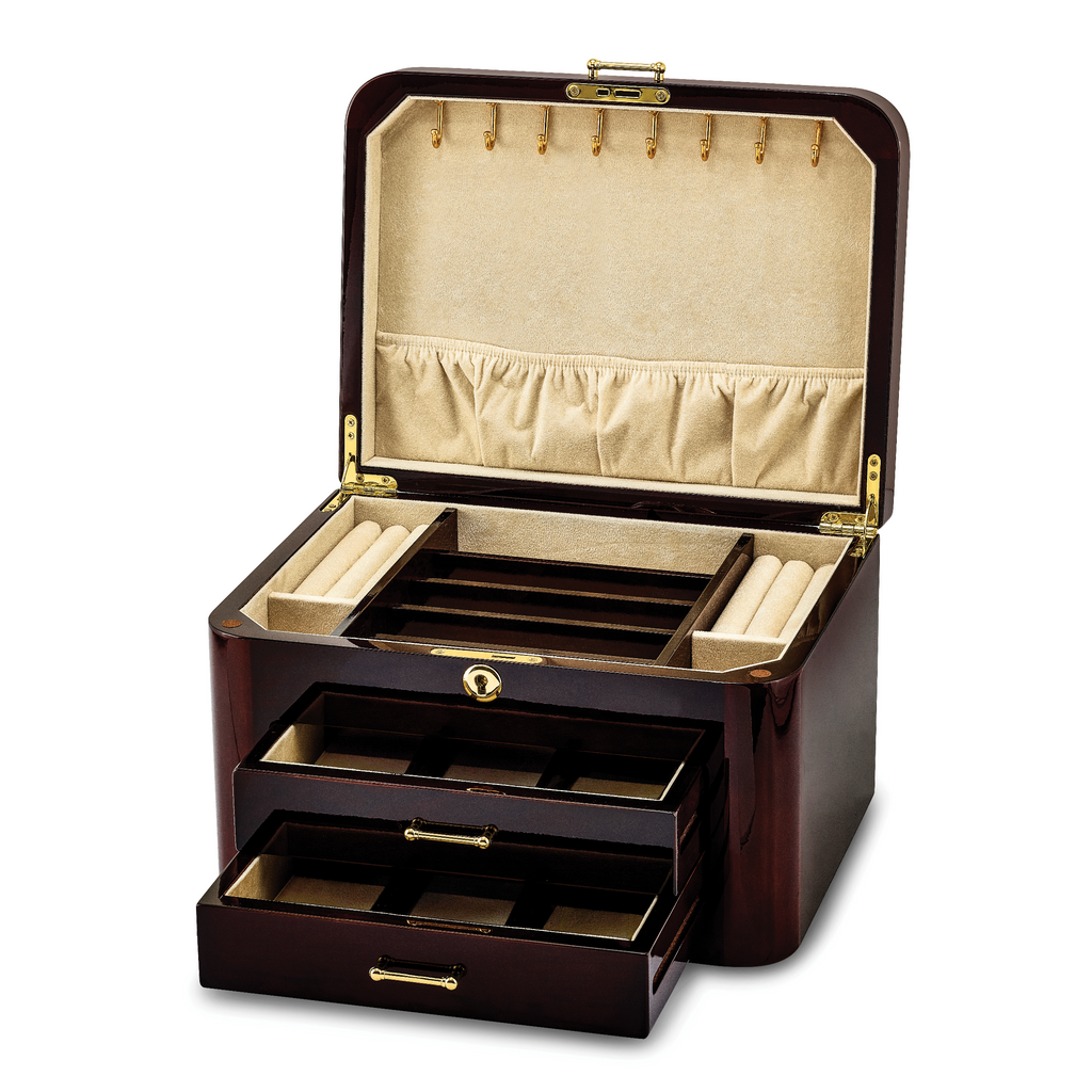 Luxury Giftware by Jere High Gloss Burgundy Bubinga Veneer w/Mapa Burl and Scrolled Inlay 2-drawer Locking Wooden Jewelry Box