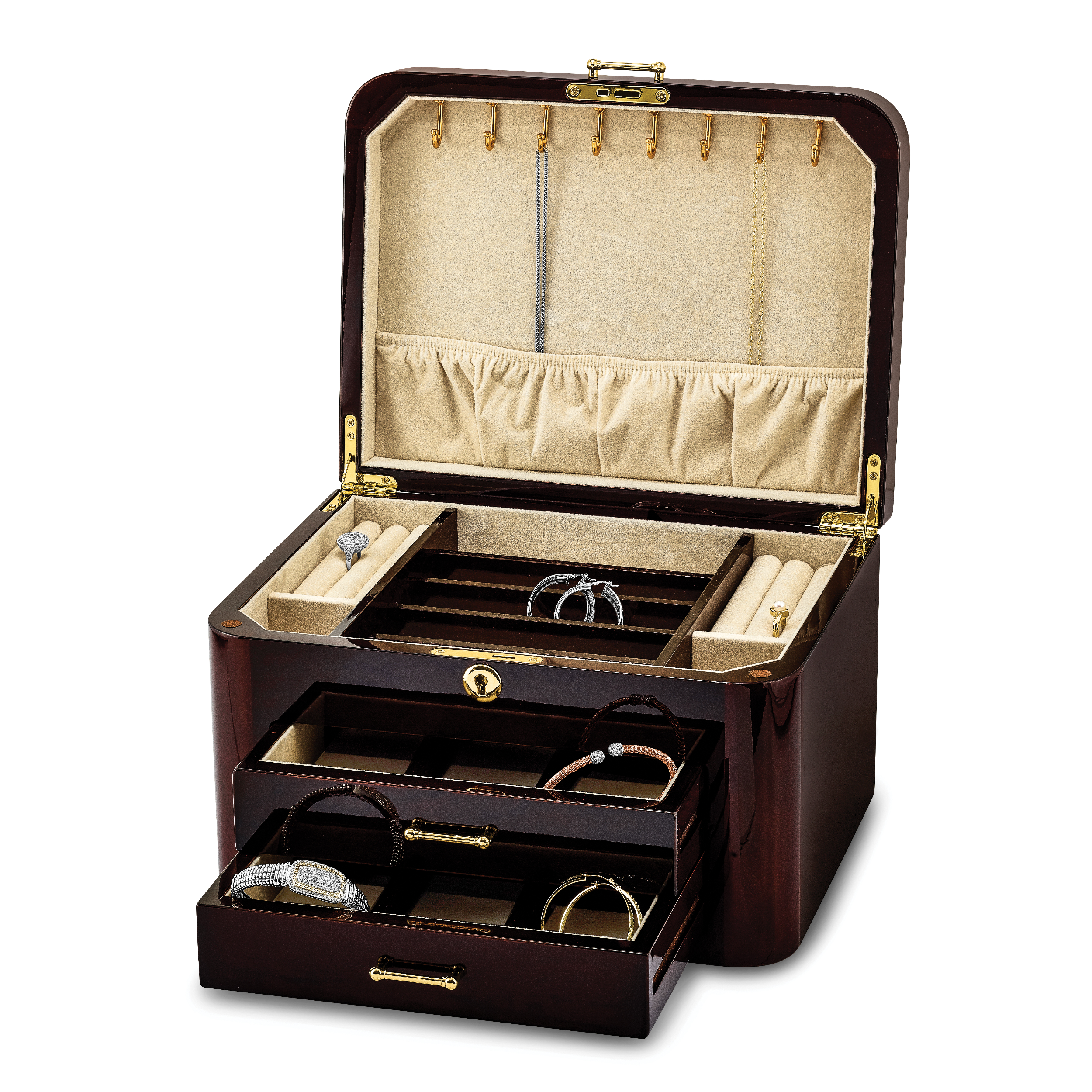 Luxury Giftware by Jere High GloSterling Silver Burgundy Bubinga Veneer w/Mapa Burl and Scrolled Inlay 2-drawer Locking Wooden Jewelry Box Secondary image