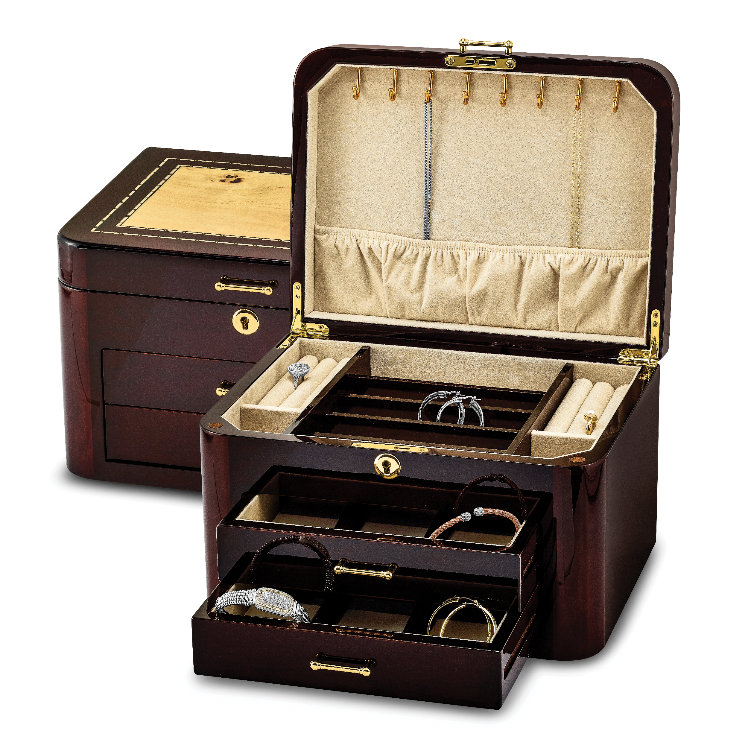 Luxury Giftware by Jere High Gloss Burgundy Bubinga Veneer w/Mapa Burl and Scrolled Inlay 2-drawer Locking Wooden Jewelry Box
