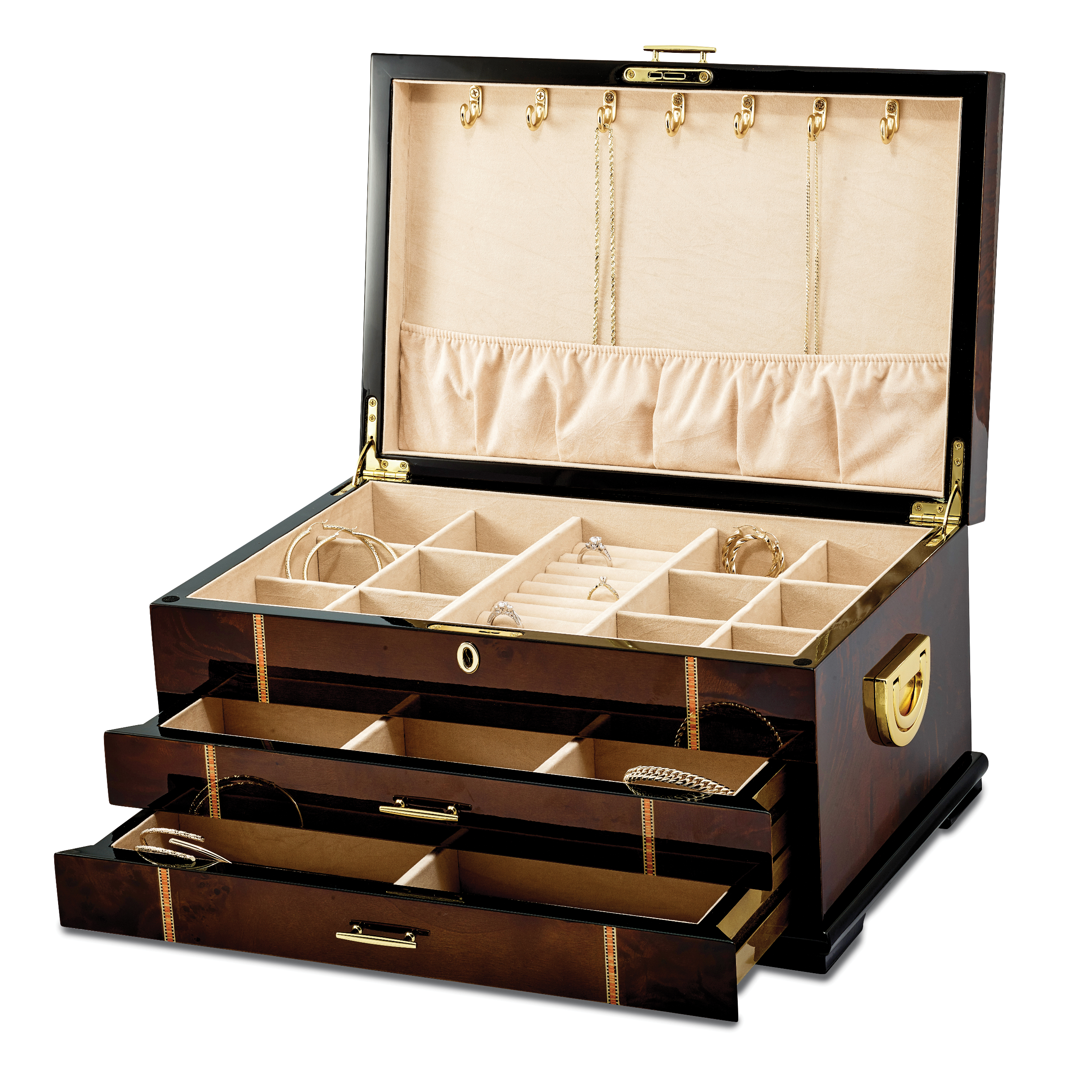 Luxury Giftware High GloSterling Silver Rustic Burlwood Veneer w/Walnut and Scrolled Inlay 2-drawer Locking Wooden Jewelry Chest Secondary image