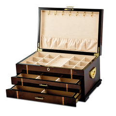 Luxury Giftware High Gloss Rustic Burlwood Veneer w/Walnut and Scrolled Inlay 2-drawer Locking Wooden Jewelry Chest