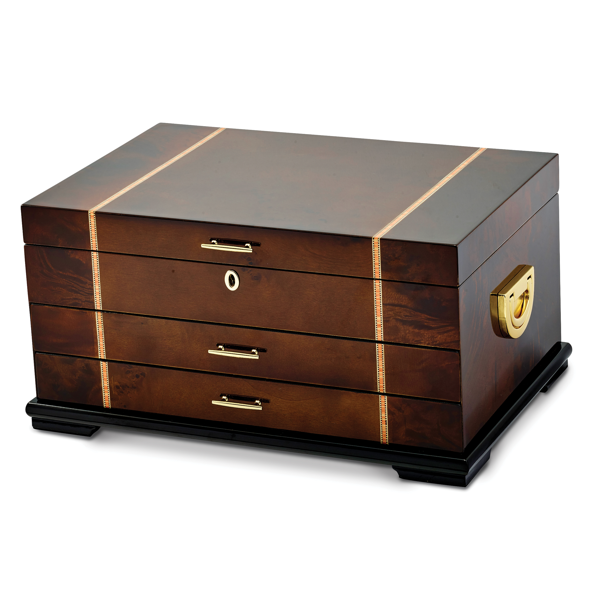 Luxury Giftware High Gloss Rustic Burlwood Veneer w/Walnut and Scrolled Inlay 2-drawer Locking Wooden Jewelry Chest Main image