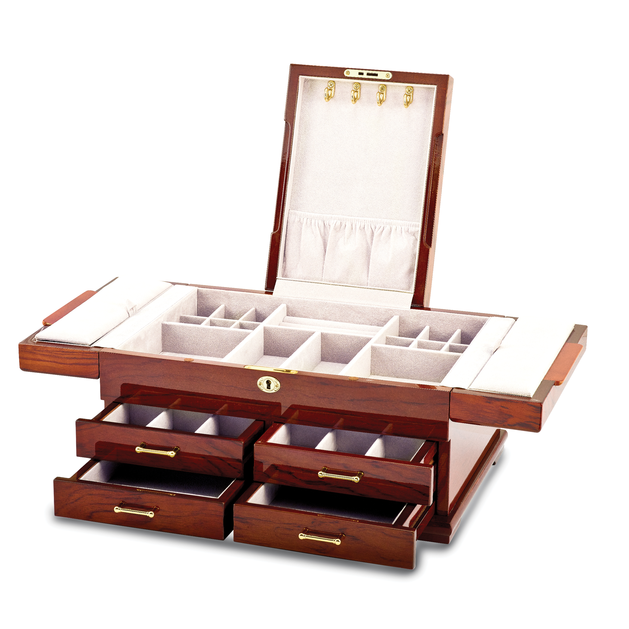 Luxury Giftware by Jere High GloSterling Silver Bubinga Veneer w/Mapa Burl and Scrolled Inlay Fold-out Top 4-drawer Locking Wooden Jewelry Box Secondary image