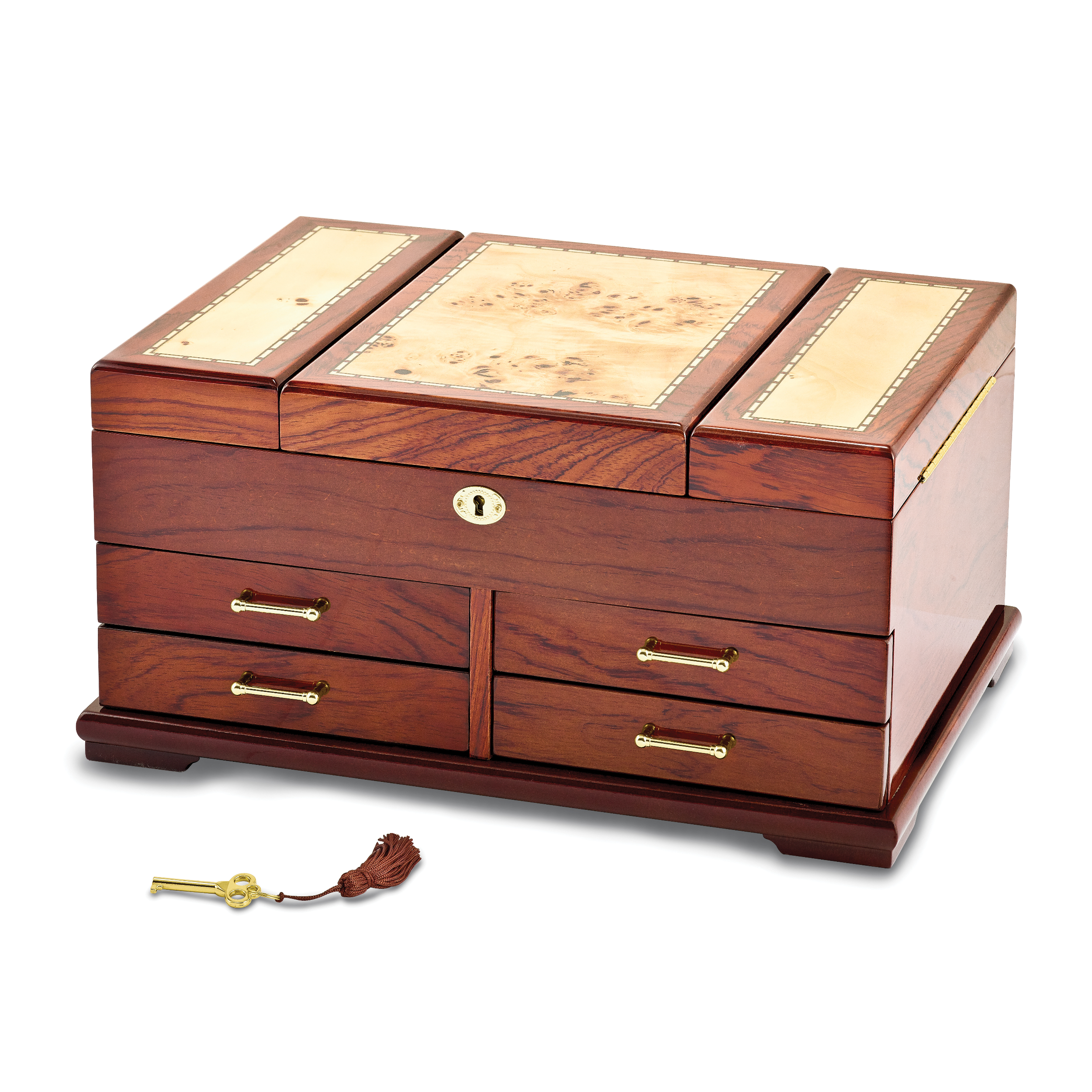 Luxury Giftware by Jere High Gloss Bubinga Veneer w/Mapa Burl and Scrolled Inlay Fold-out Top 4-drawer Locking Wooden Jewelry Box Main image