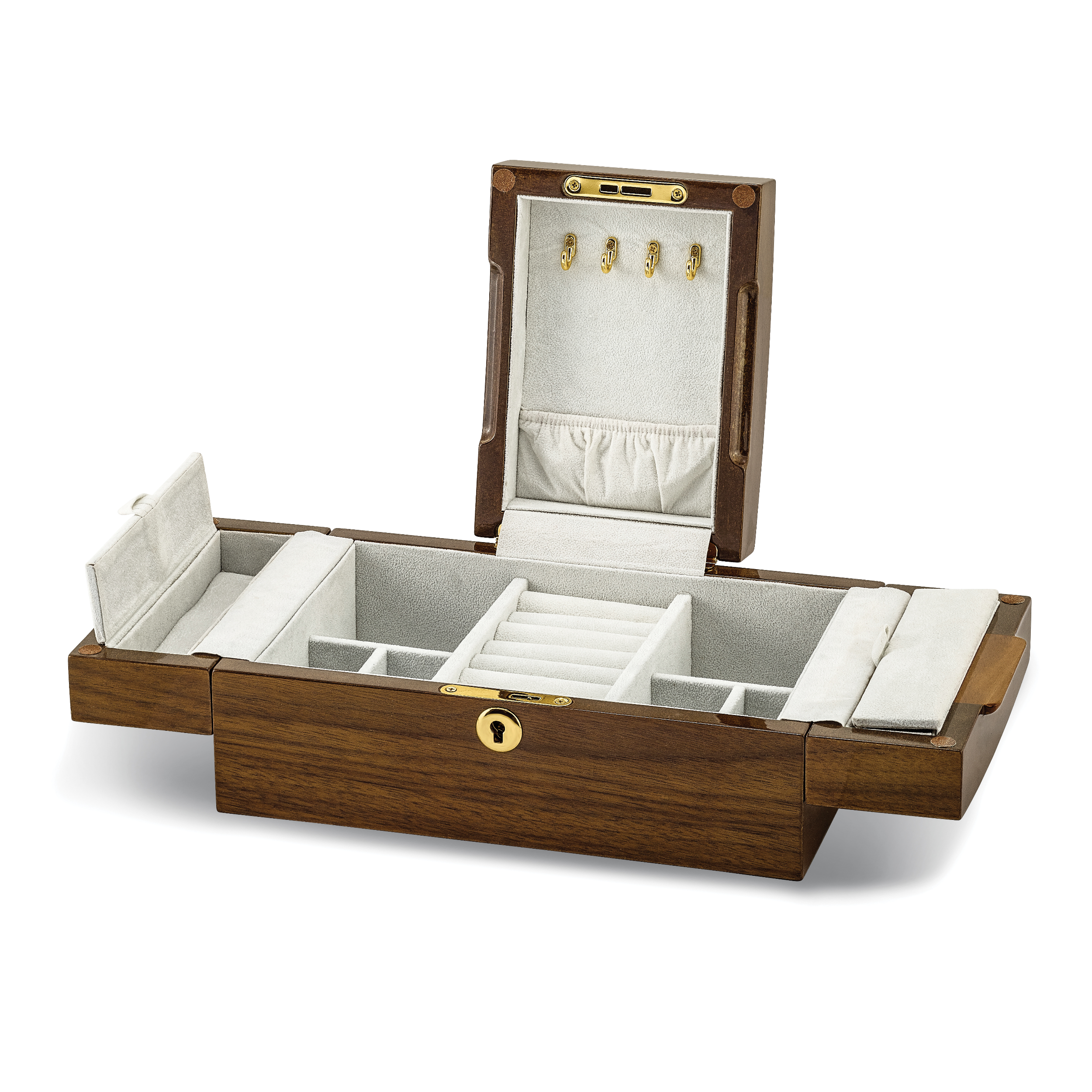 Luxury Giftware High GloSterling Silver Mapa Burl and Walnut Burl Veneer Fold-out Top Locking Wooden Jewelry Box Secondary image