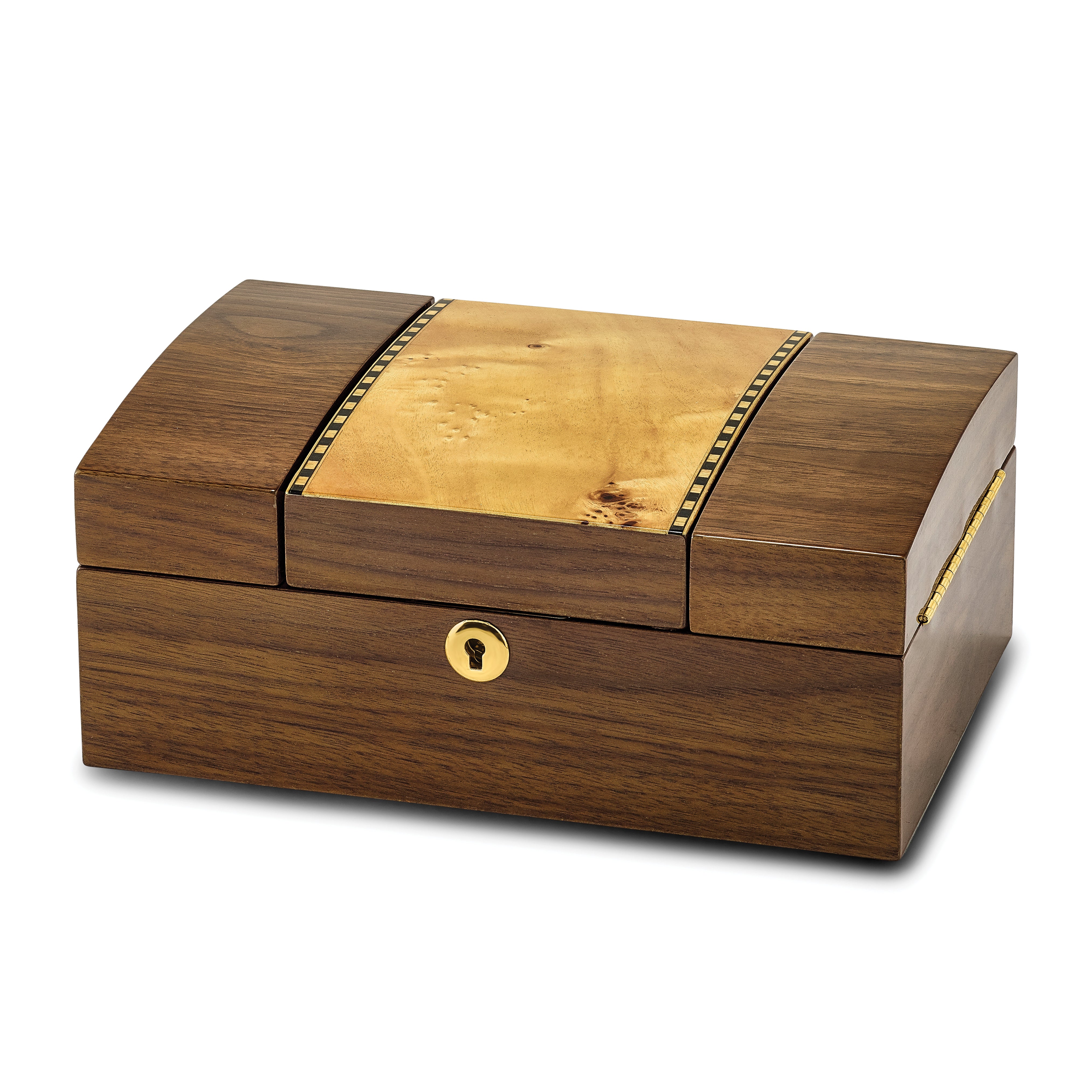 Luxury Giftware High Gloss Mapa Burl and Walnut Burl Veneer Fold-out Top Locking Wooden Jewelry Box Main image