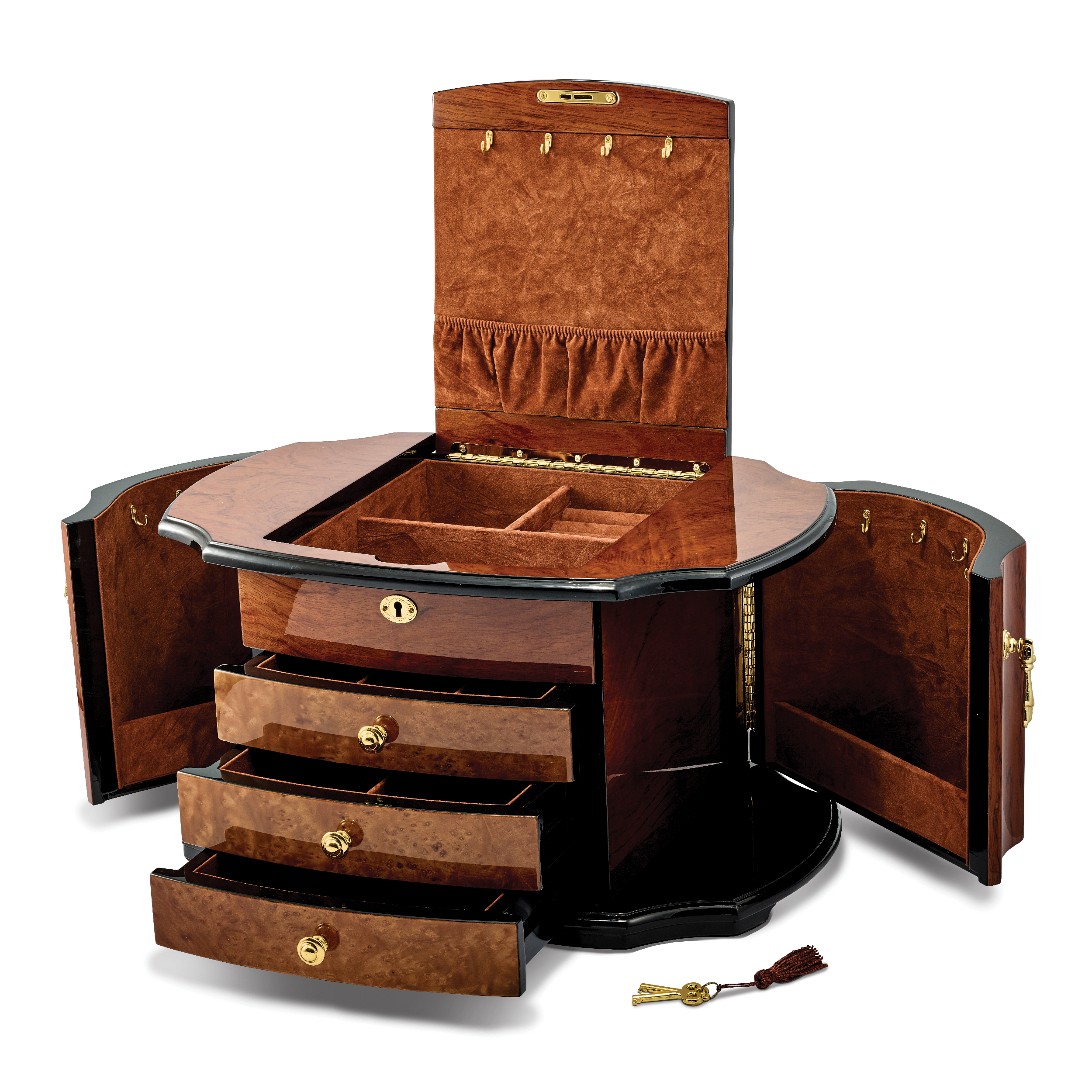 Luxury Giftware High GloSterling Silver Oak Burl Veneer w/Mapa Veneer 2-drawer with Swing-out Sides Locking Wooden Jewelry Box Secondary image