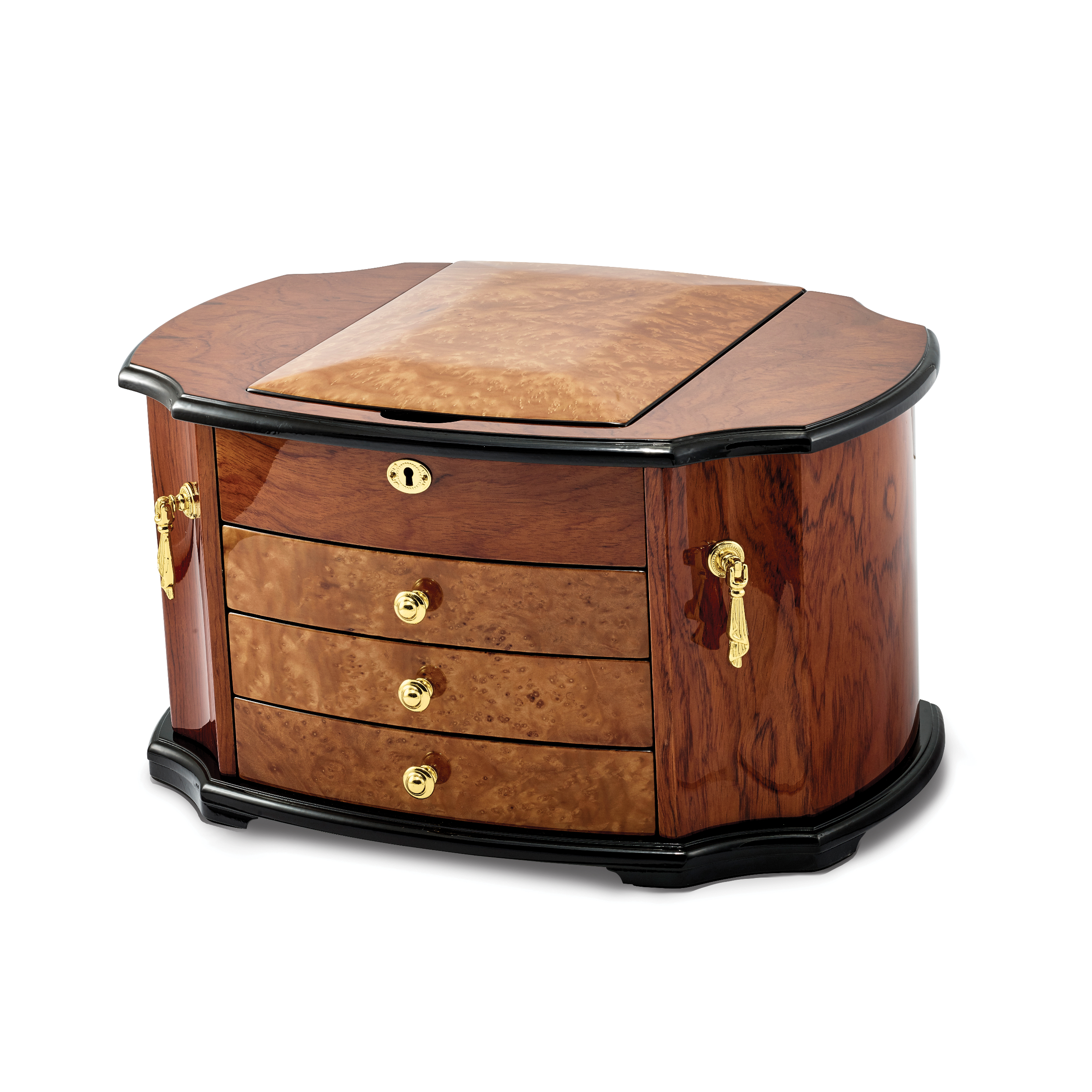 Luxury Giftware High Gloss Oak Burl Veneer w/Mapa Veneer 2-drawer with Swing-out Sides Locking Wooden Jewelry Box Main image