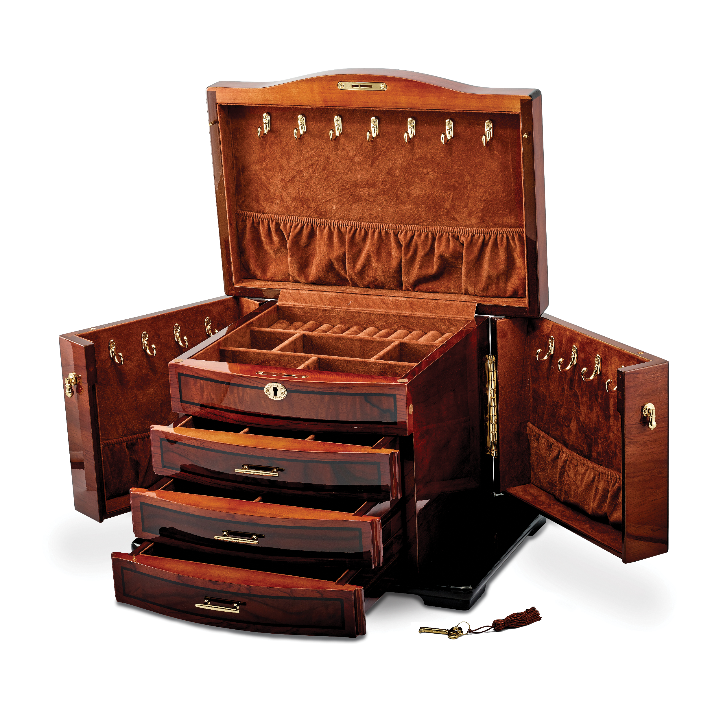 Luxury Giftware by Jere High GloSterling Silver Poplar Veneer w/Burlwood Inlay 3-drawer with Swing-out Sides Locking Wooden Jewelry Chest Secondary image