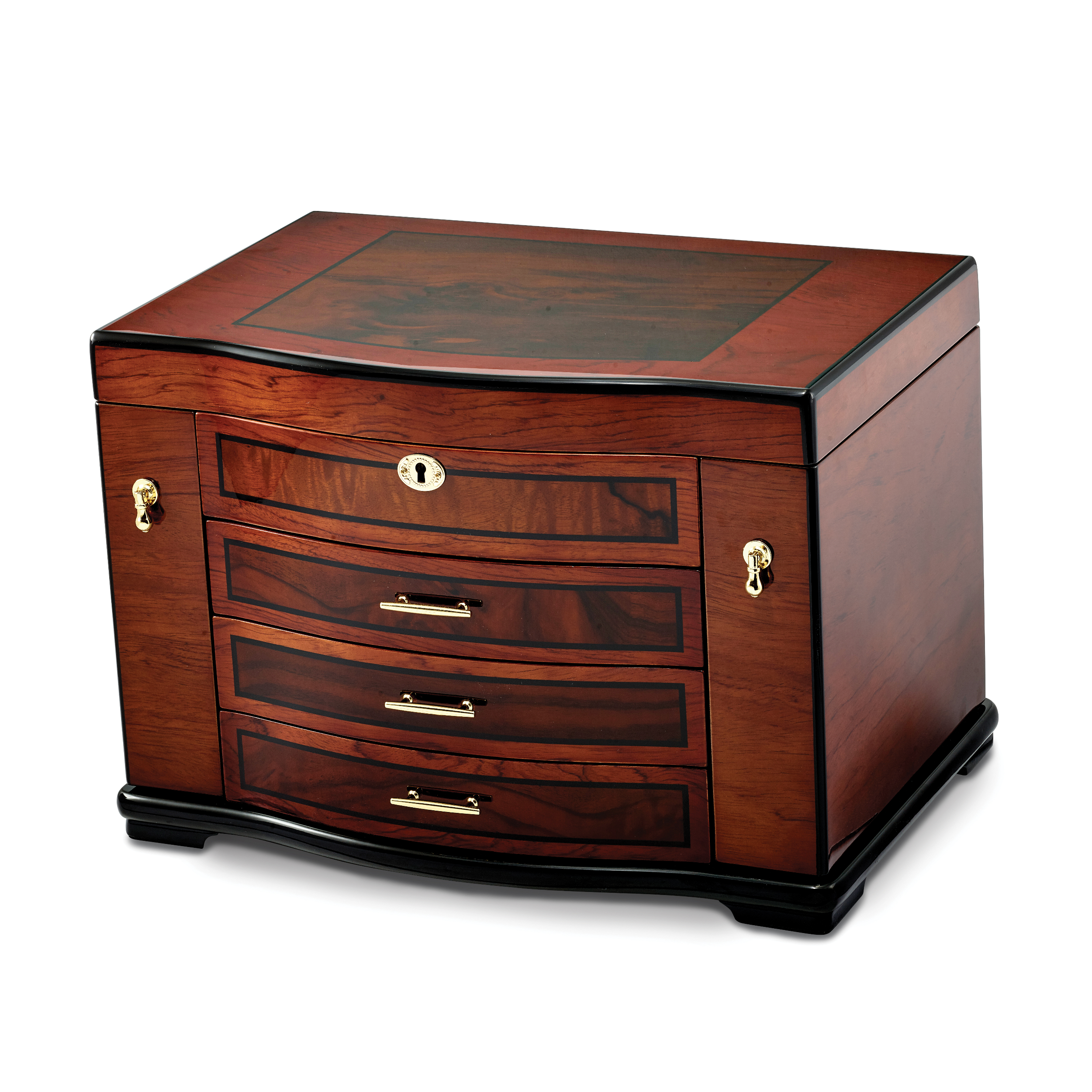 Luxury Giftware by Jere High Gloss Poplar Veneer w/Burlwood Inlay 3-drawer with Swing-out Sides Locking Wooden Jewelry Chest Main image