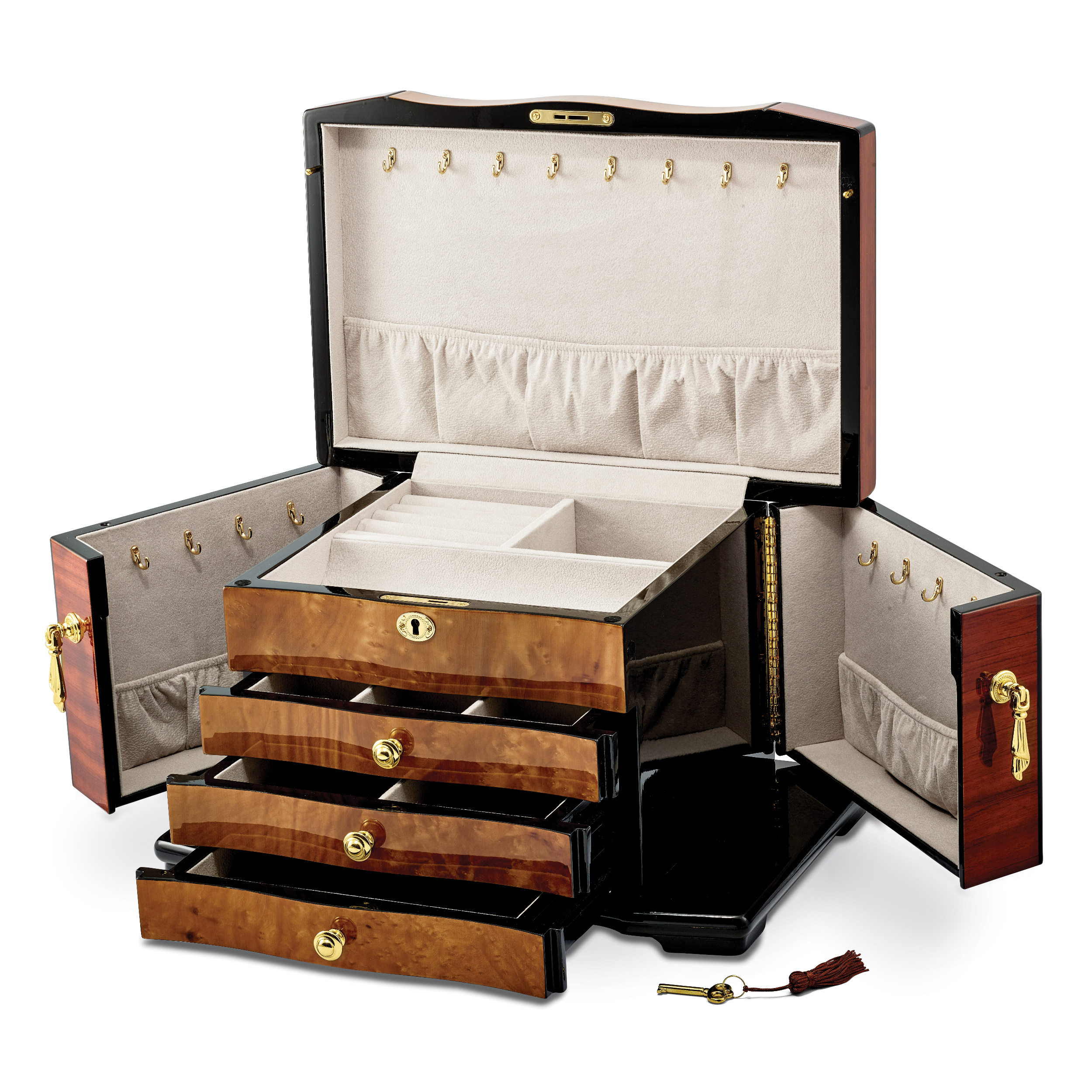 Luxury Giftware by Jere High GloSterling Silver Bubinga Veneer w/Elm Burl Inlay 3-drawer with Swing-out Sides Locking Wooden Jewelry Box Secondary image