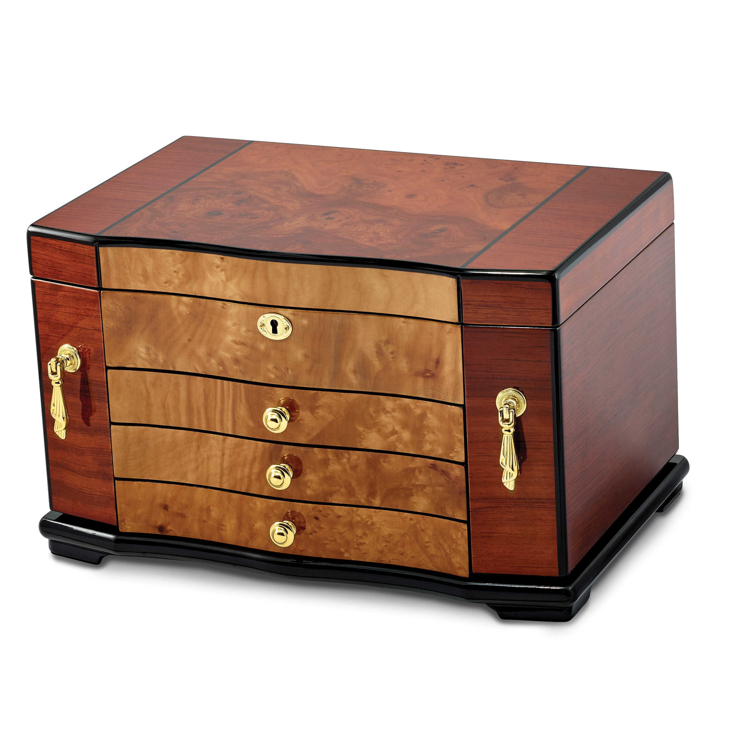 Luxury Giftware by Jere High Gloss Bubinga Veneer w/Elm Burl Inlay 3-drawer with Swing-out Sides Locking Wooden Jewelry Box Main image