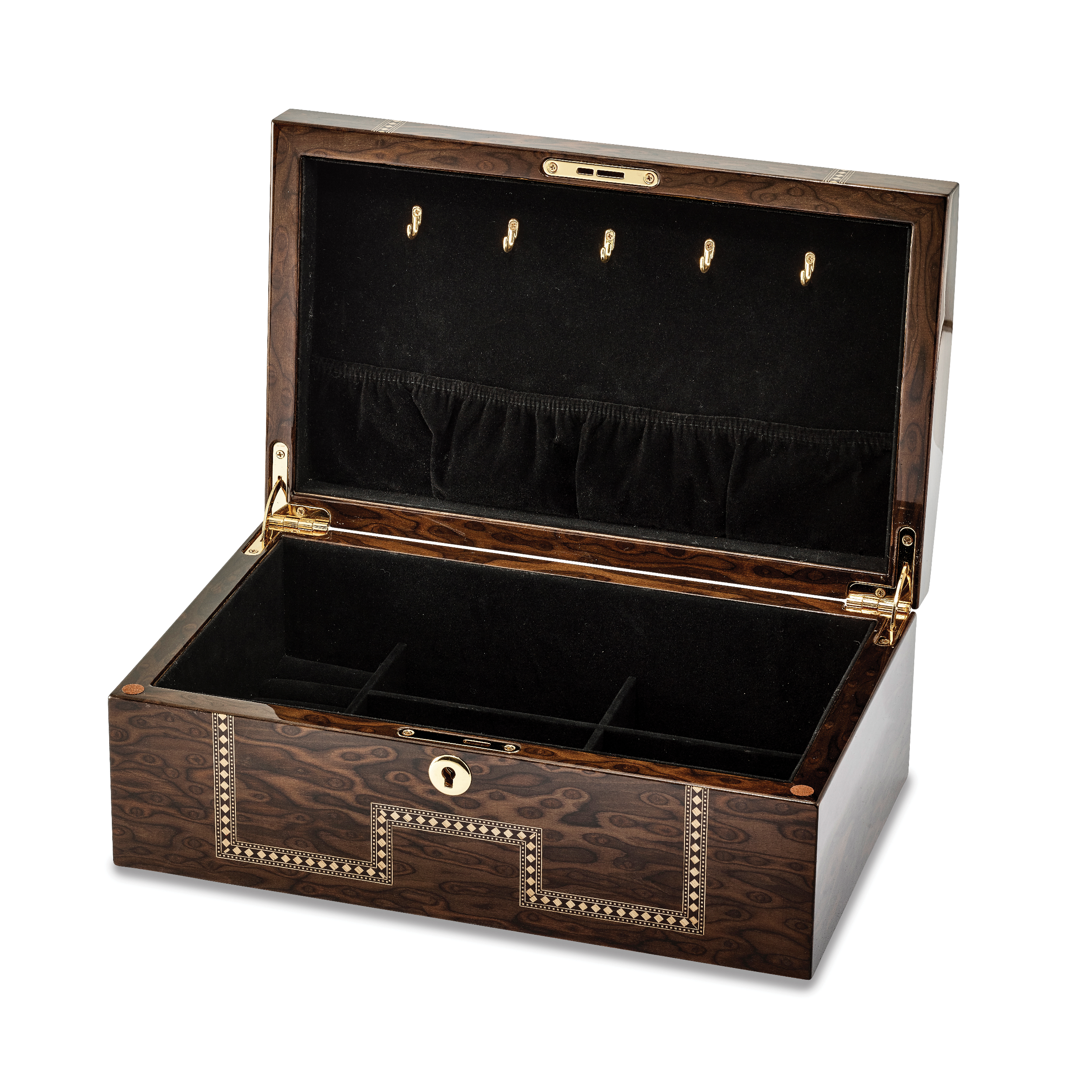 Luxury Giftware Tiger Eye Veneer w/Scrolled Inlay Locking Wooden Jewelry Chest Secondary image
