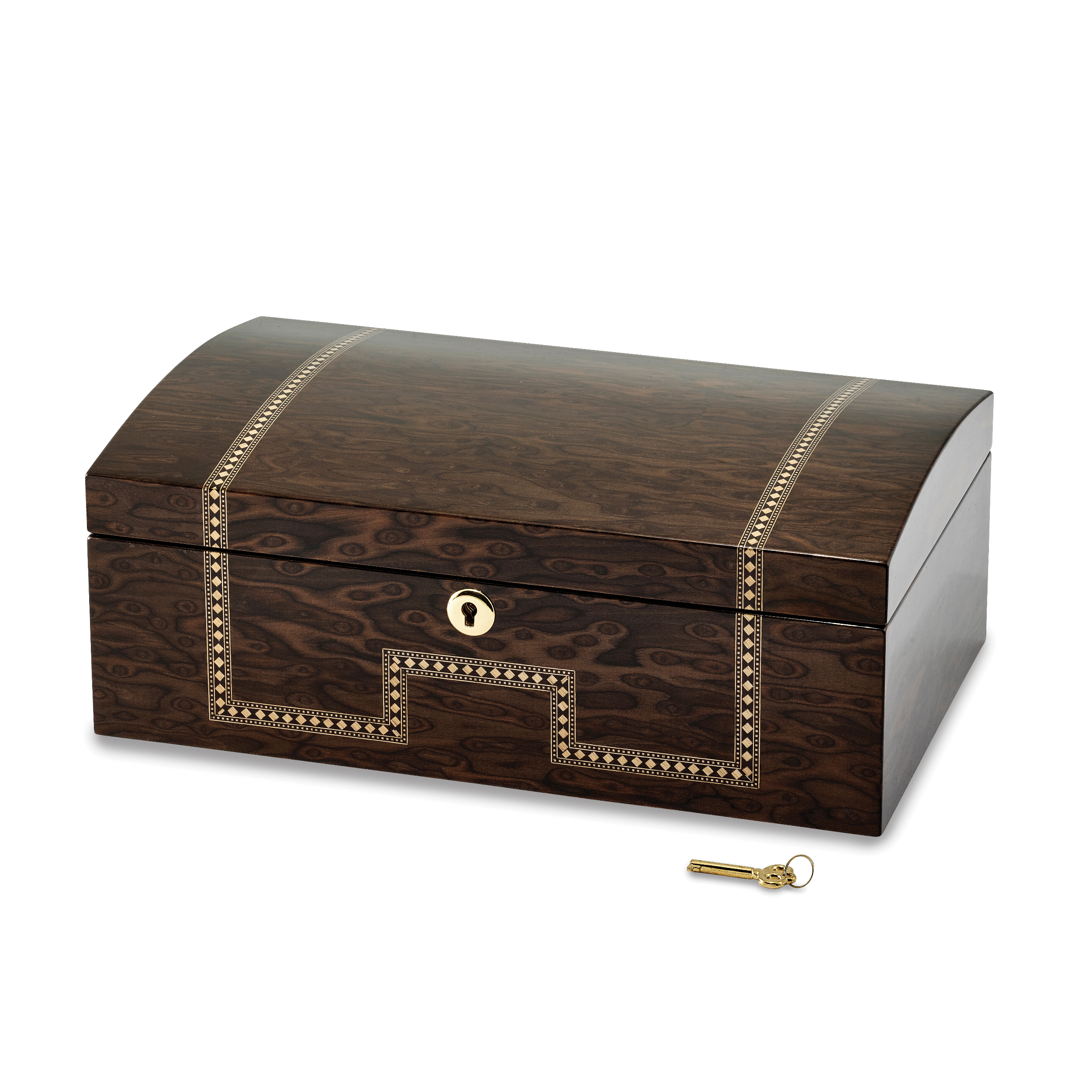 Luxury Giftware Tiger Eye Veneer w/Scrolled Inlay Locking Wooden Jewelry Chest Main image