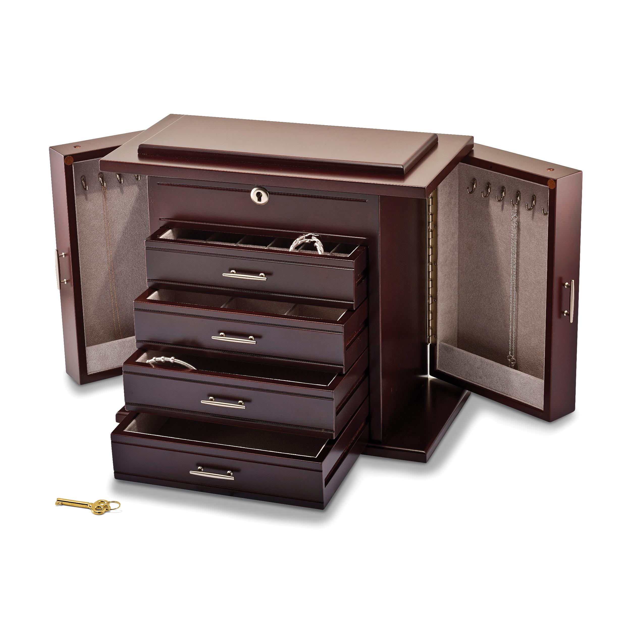 Luxury Giftware Matte Mahogany Finish Poplar Veneer 4-drawer w/Swing-out Sides Locking Wooden Jewelry Box Secondary image