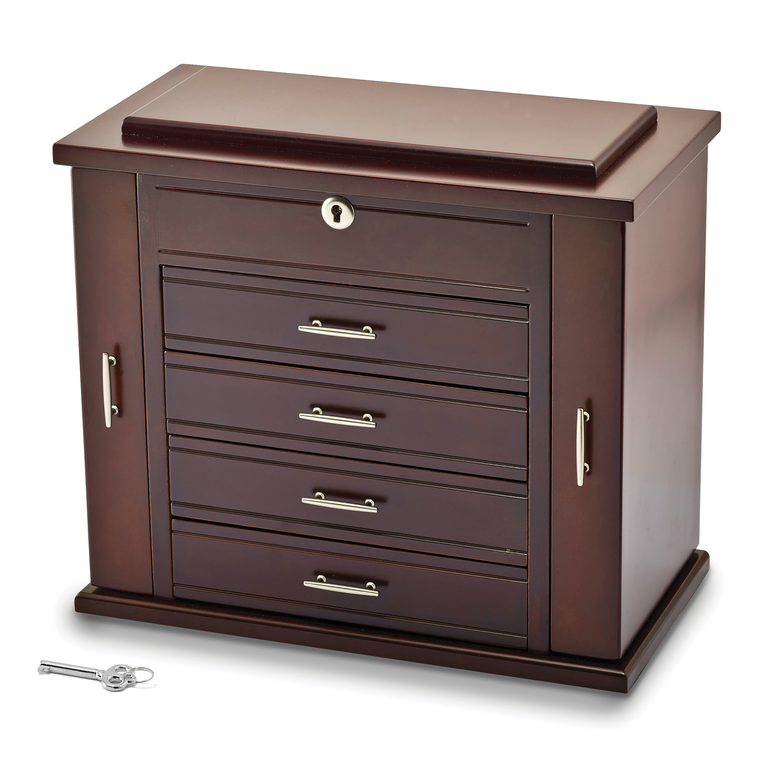 Luxury Giftware Matte Mahogany Finish Poplar Veneer 4-drawer w/Swing-out Sides Locking Wooden Jewelry Box Main image