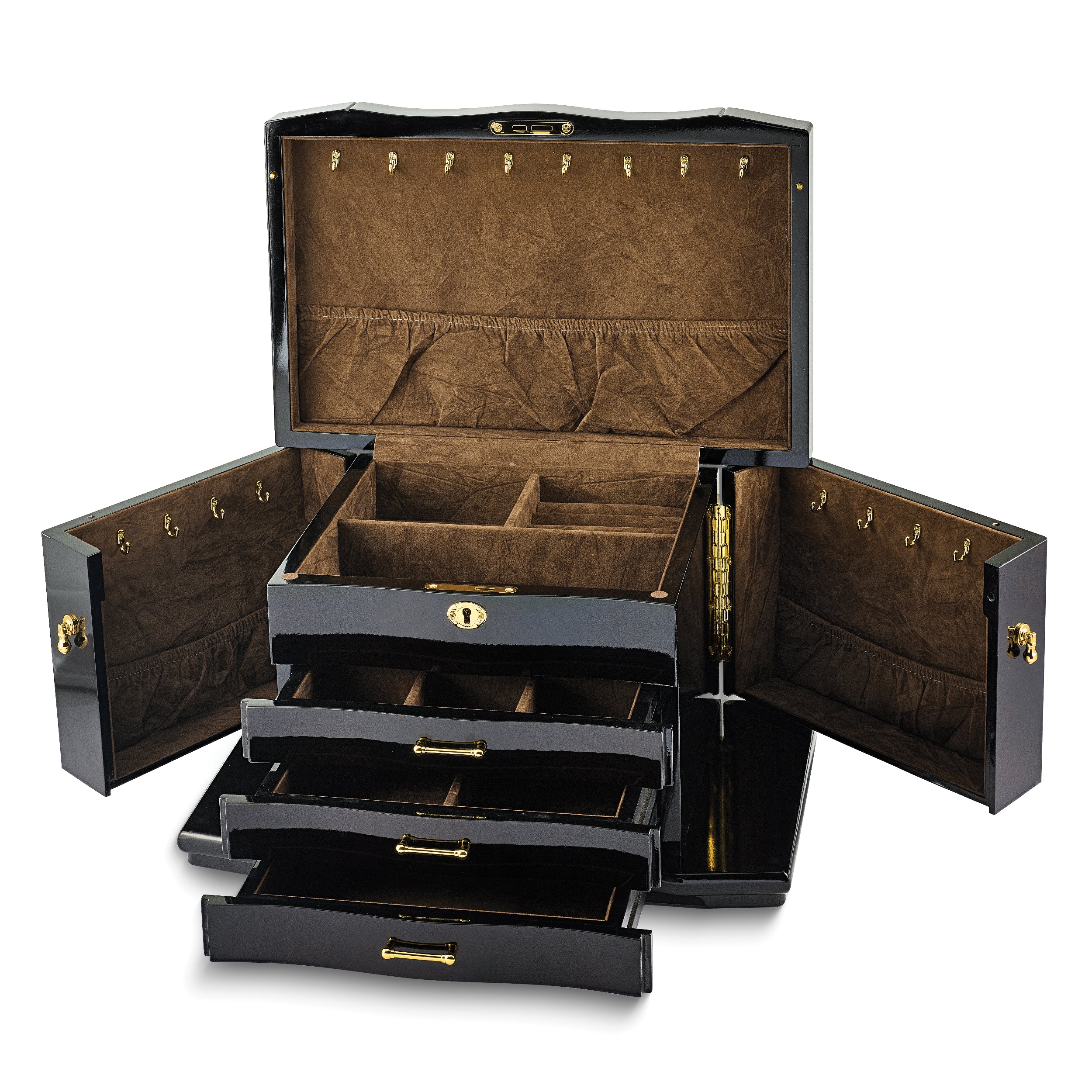 Luxury Giftware High Gloss Walnut Burl Veneer 3-drawer with Swing-out Sides Locking Wooden Jewelry Box