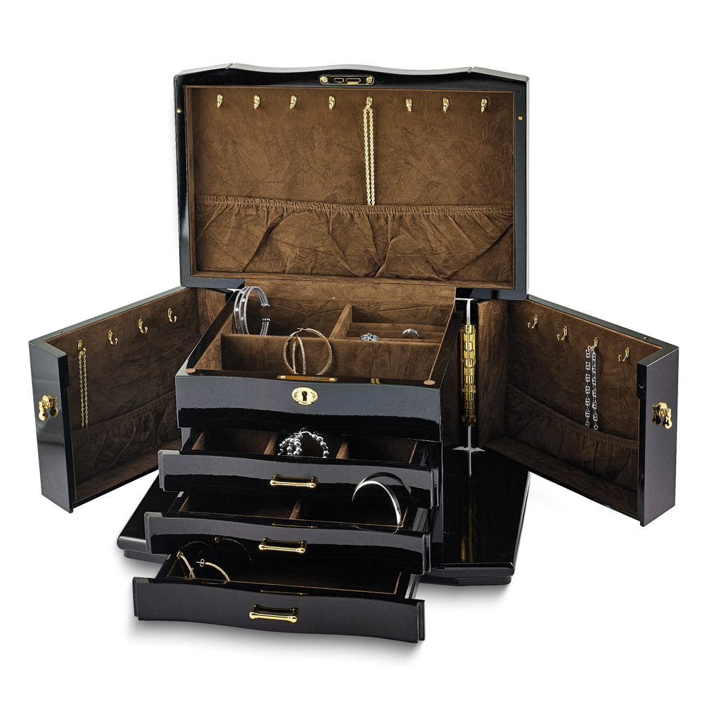 Luxury Giftware High Gloss Walnut Burl Veneer 3-drawer with Swing-out Sides Locking Wooden Jewelry Box