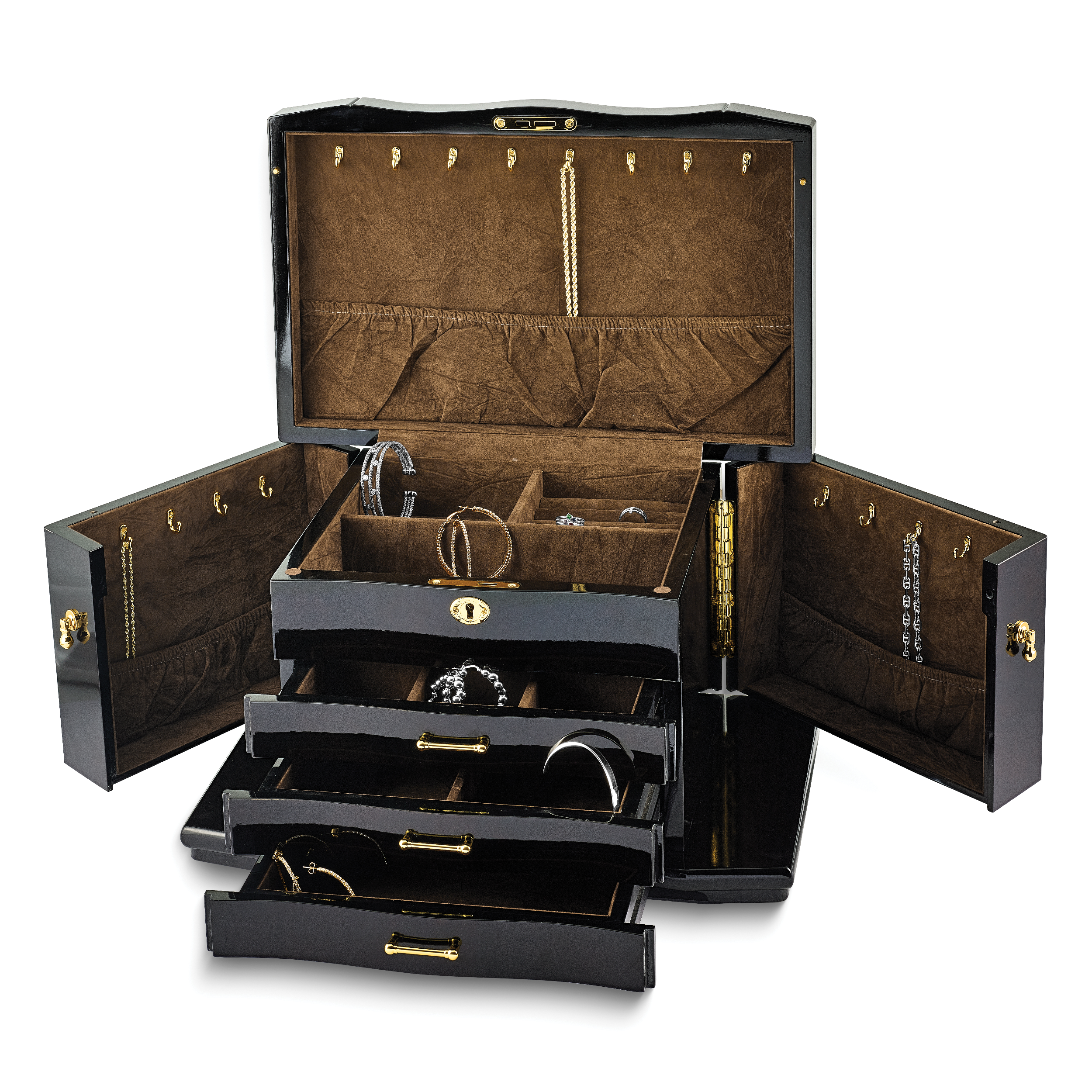 Luxury Giftware High Gloss Walnut Burl Veneer 3-drawer with Swing-out Sides Locking Wooden Jewelry Box