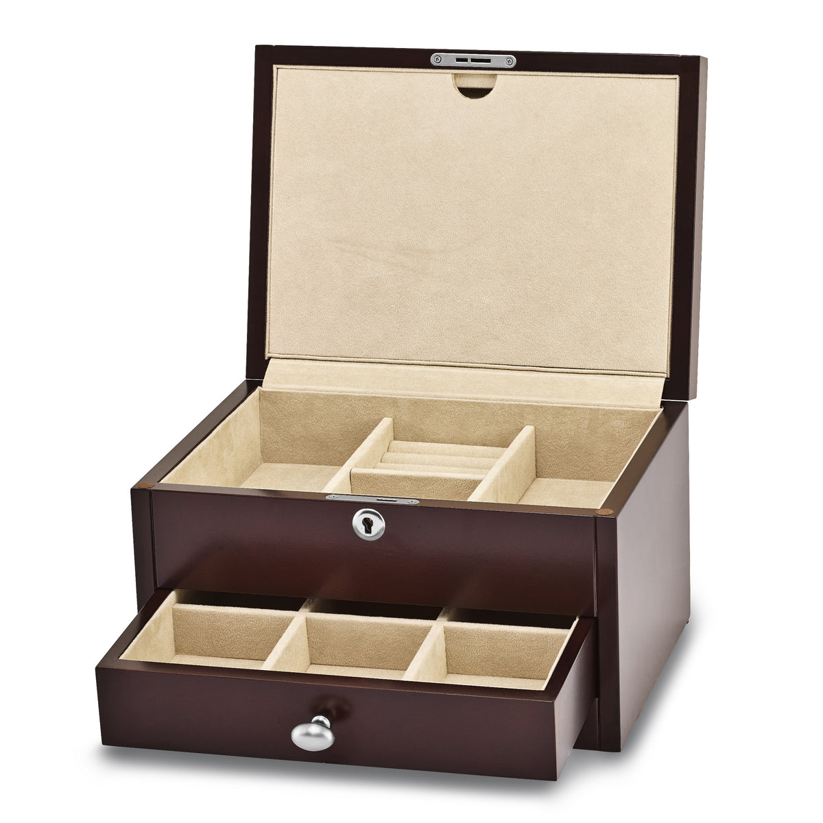 Luxury Giftware Matte Mahogany Finish Poplar Veneer 1-drawer w/Hidden Storage Locking Wooden Jewelry Chest