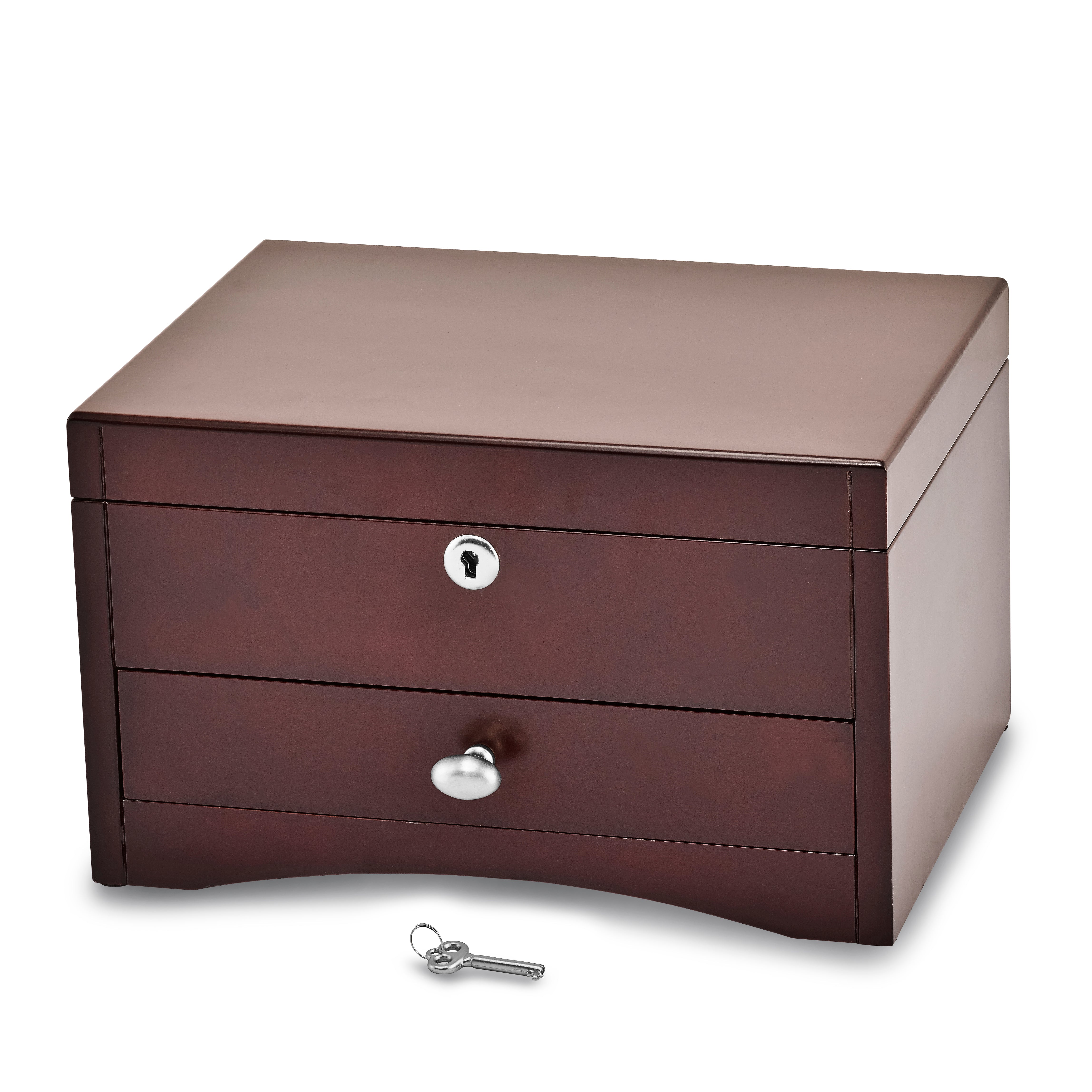 Luxury Giftware Matte Mahogany Finish Poplar Veneer 1-drawer w/Hidden Storage Locking Wooden Jewelry Chest Secondary image