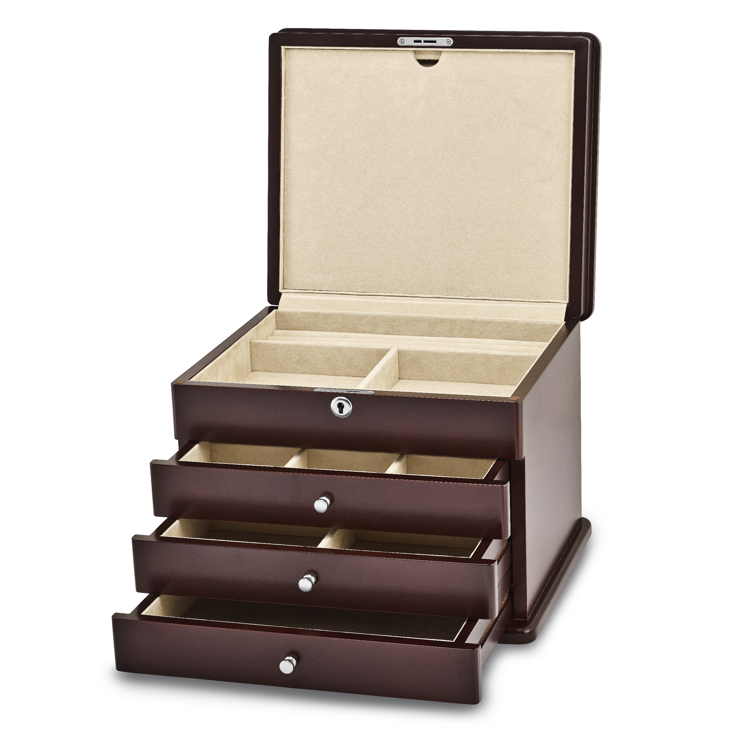 Luxury Giftware Matte Mahogany Finish Poplar Veneer 3-drawer w/Hidden Storage Locking Wooden Jewelry Chest Secondary image