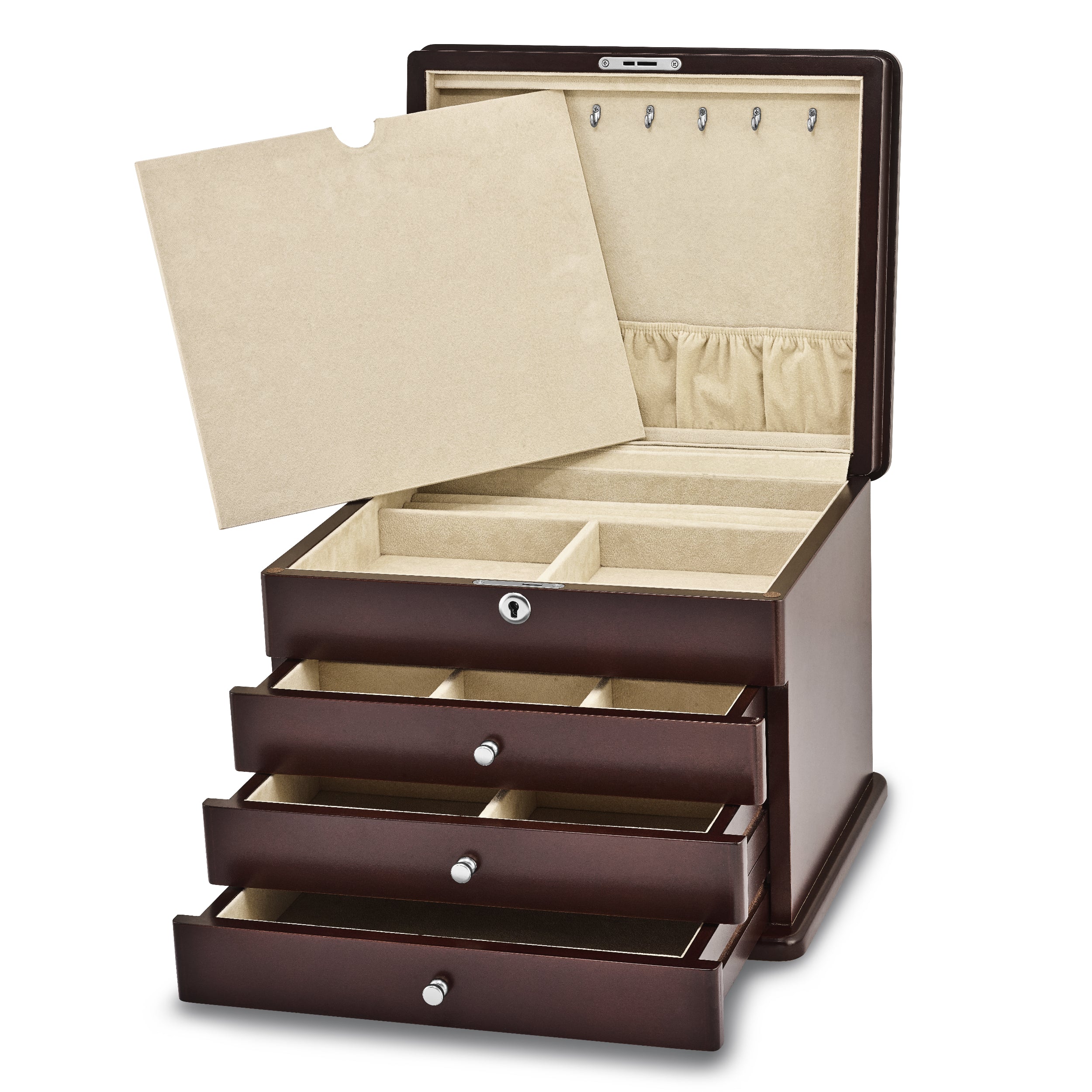 Luxury Giftware Matte Mahogany Finish Poplar Veneer 3-drawer w/Hidden Storage Locking Wooden Jewelry Chest