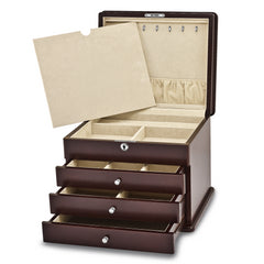 Luxury Giftware Matte Mahogany Finish Poplar Veneer 3-drawer w/Hidden Storage Locking Wooden Jewelry Chest