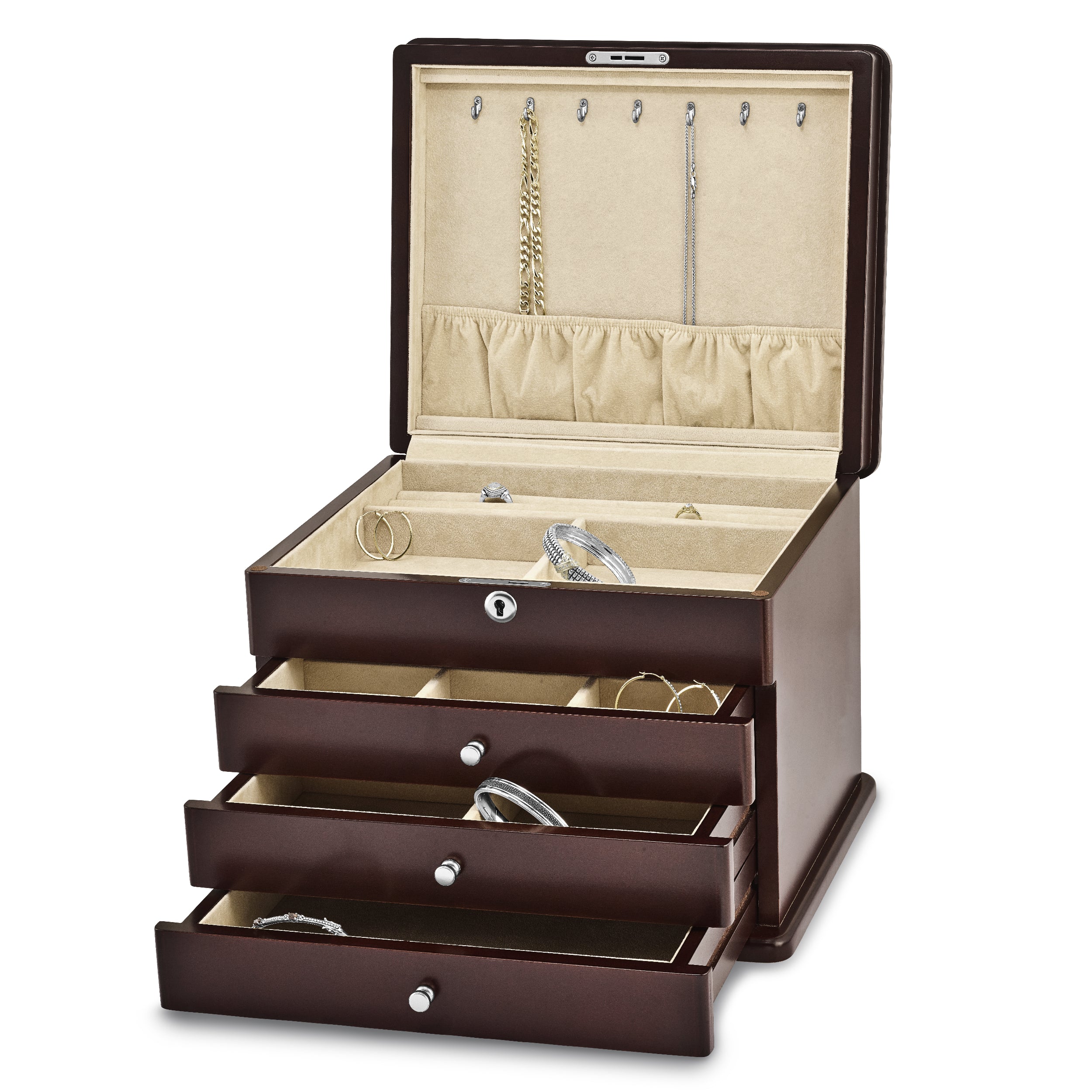 Luxury Giftware Matte Mahogany Finish Poplar Veneer 3-drawer w/Hidden Storage Locking Wooden Jewelry Chest