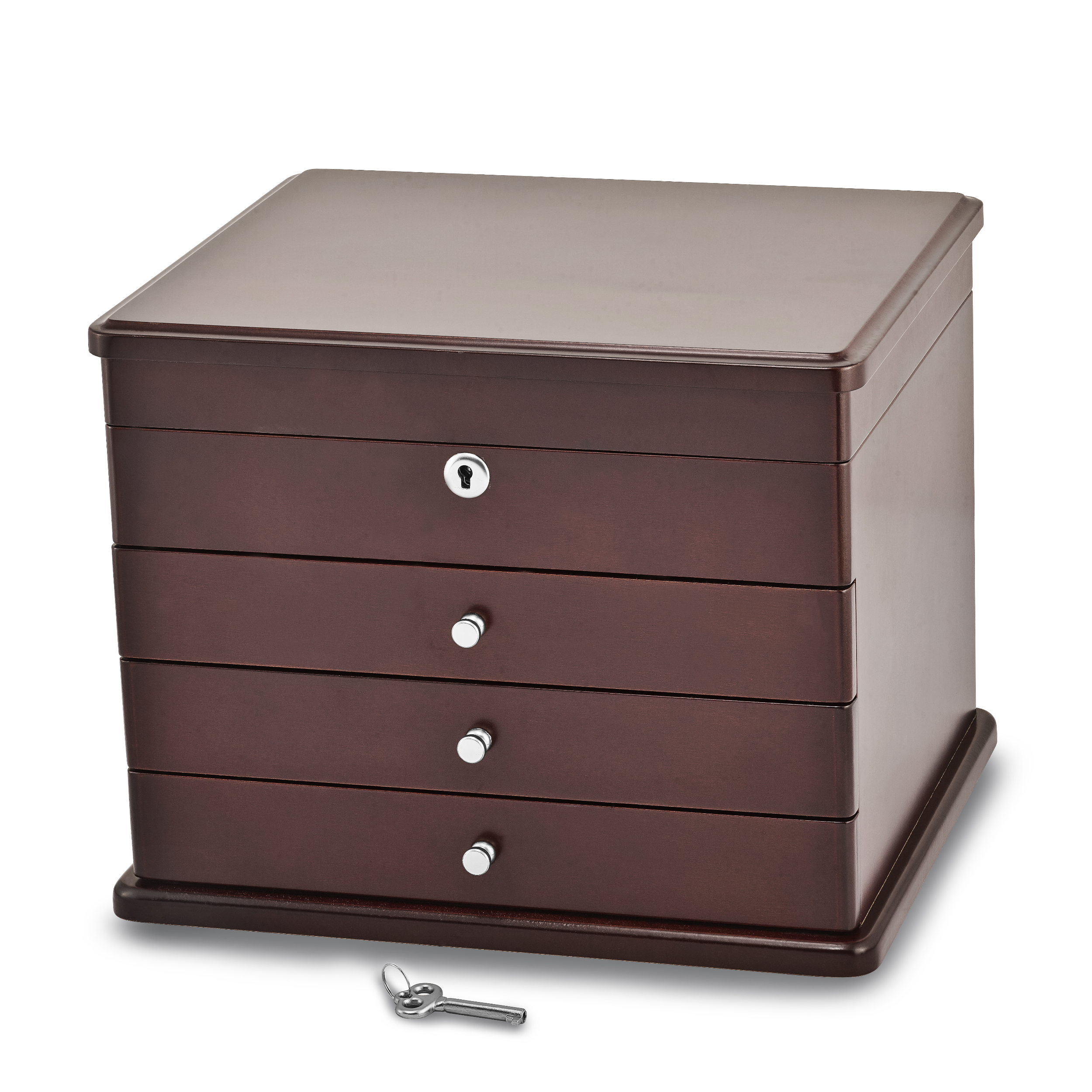 Luxury Giftware Matte Mahogany Finish Poplar Veneer 3-drawer w/Hidden Storage Locking Wooden Jewelry Chest Main image