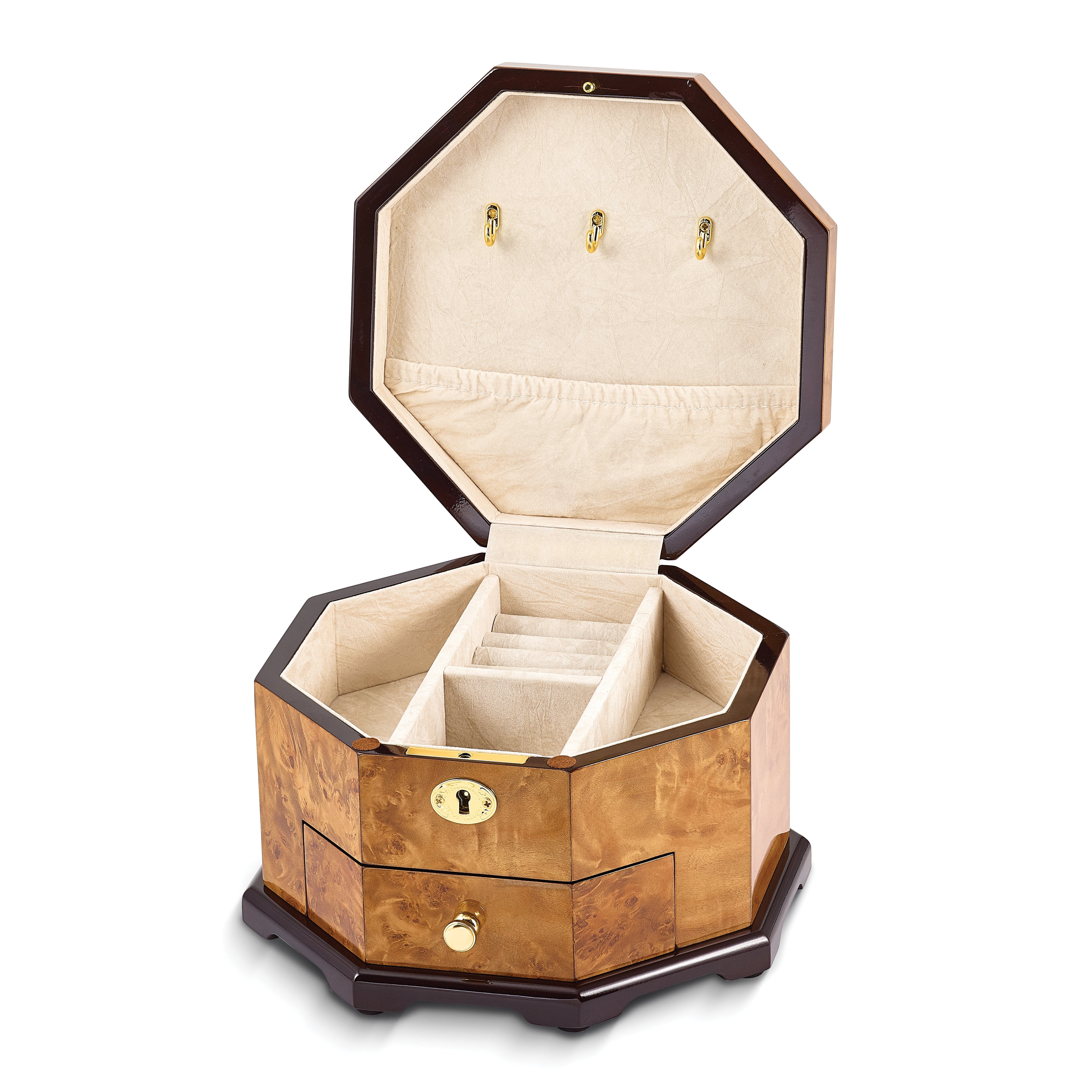Luxury Giftware High Gloss Rustic Burlwood Veneer w/Scrolled Inlay One Drawer Octagonal Locking Wooden Jewelry Box Secondary image