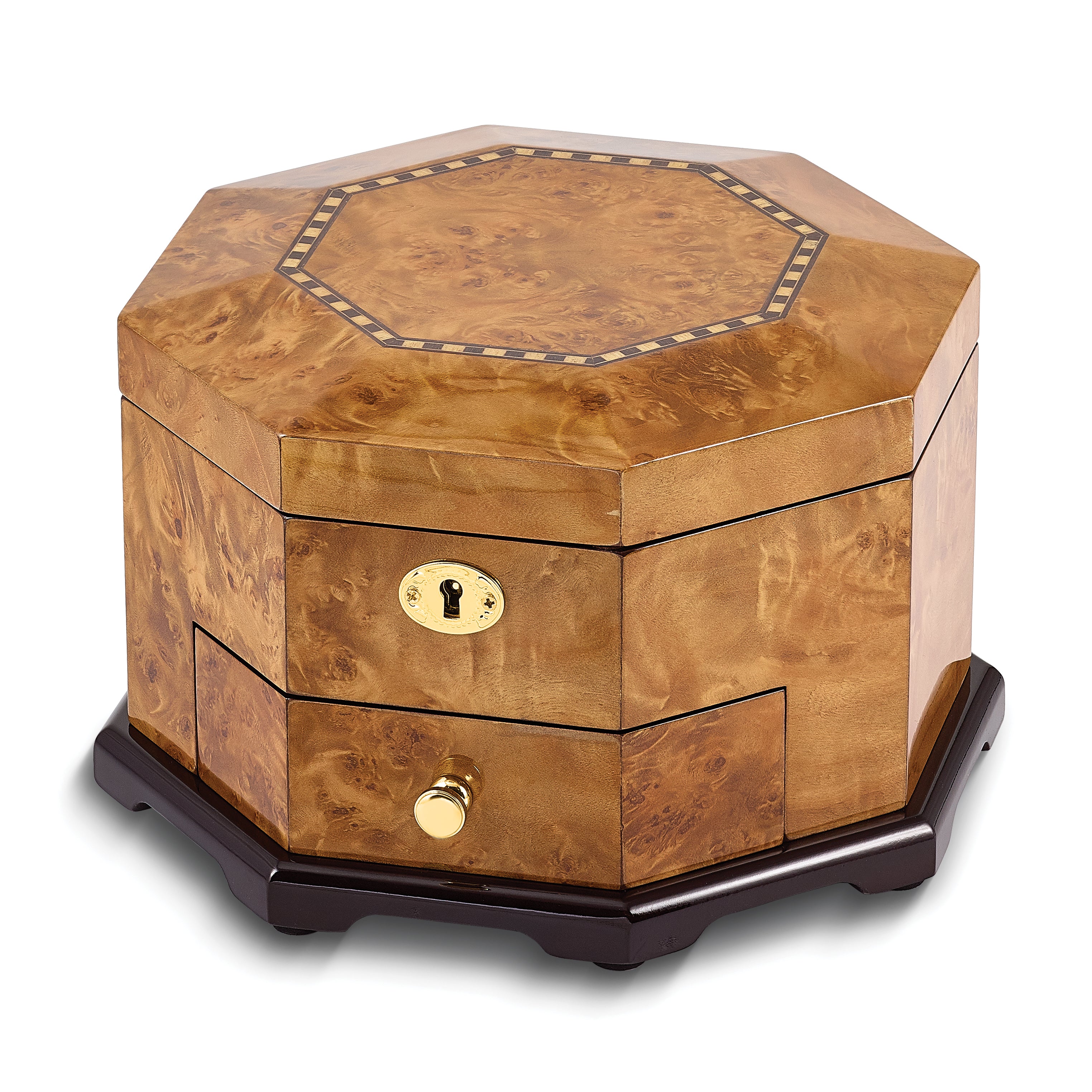 Luxury Giftware High Gloss Rustic Burlwood Veneer w/Scrolled Inlay One Drawer Octagonal Locking Wooden Jewelry Box Main image