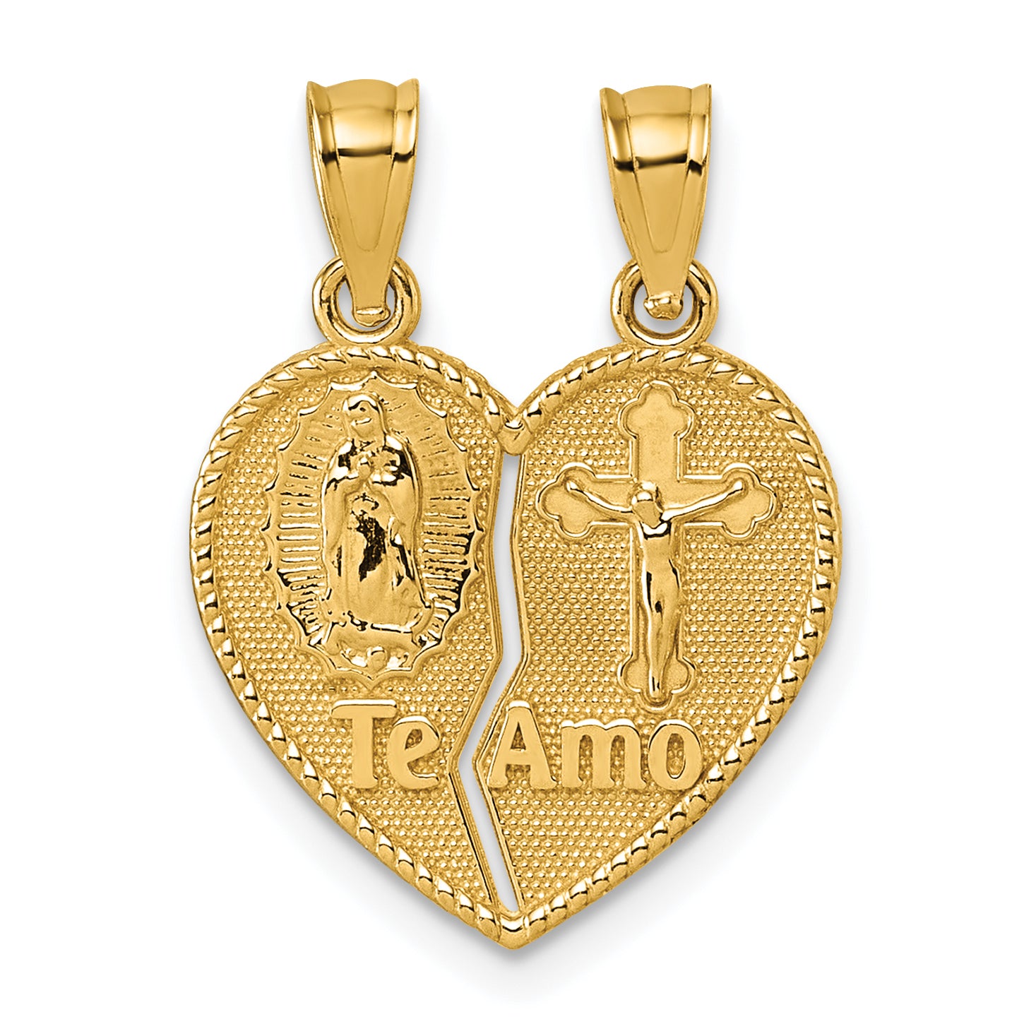 14k Polished Spanish TE AMO Our Lady of Guadalupe and Crucifix Break-apart Heart Pendant Main image