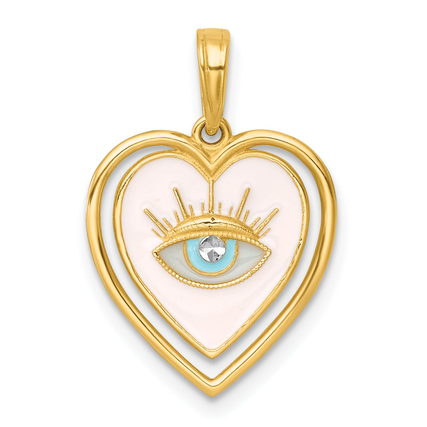 14k with White Rhodium Polished Multi Color Enamel Eye In Heart Charm
