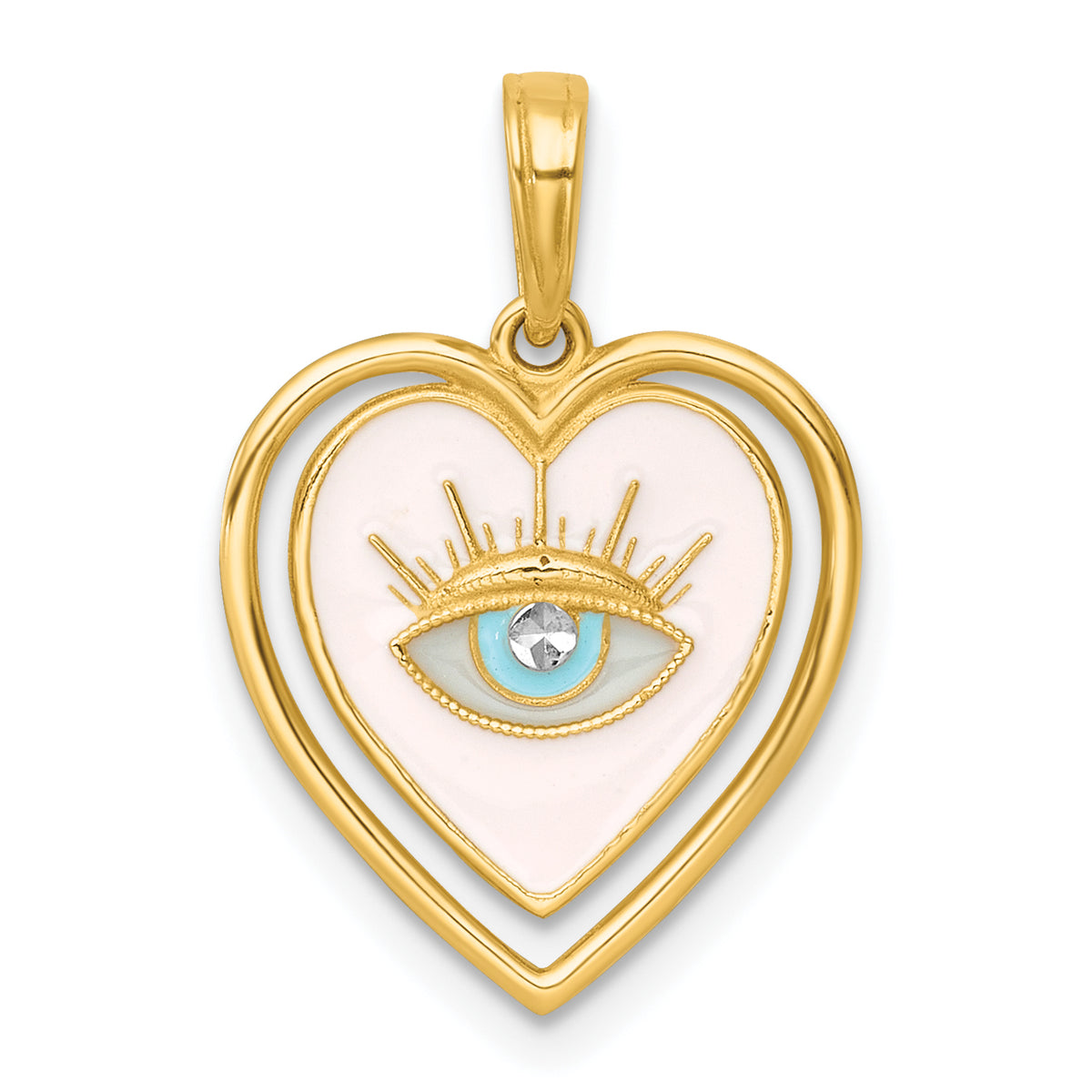 14k with White Rhodium Polished Multi Color Enamel Eye In Heart Charm