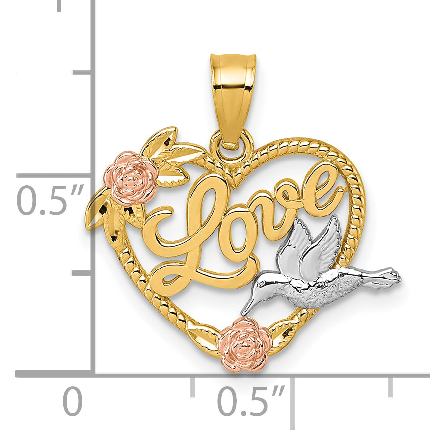 14k Two-tone and White Rhodium Polished LOVE Floral And Bird Heart Pendant
