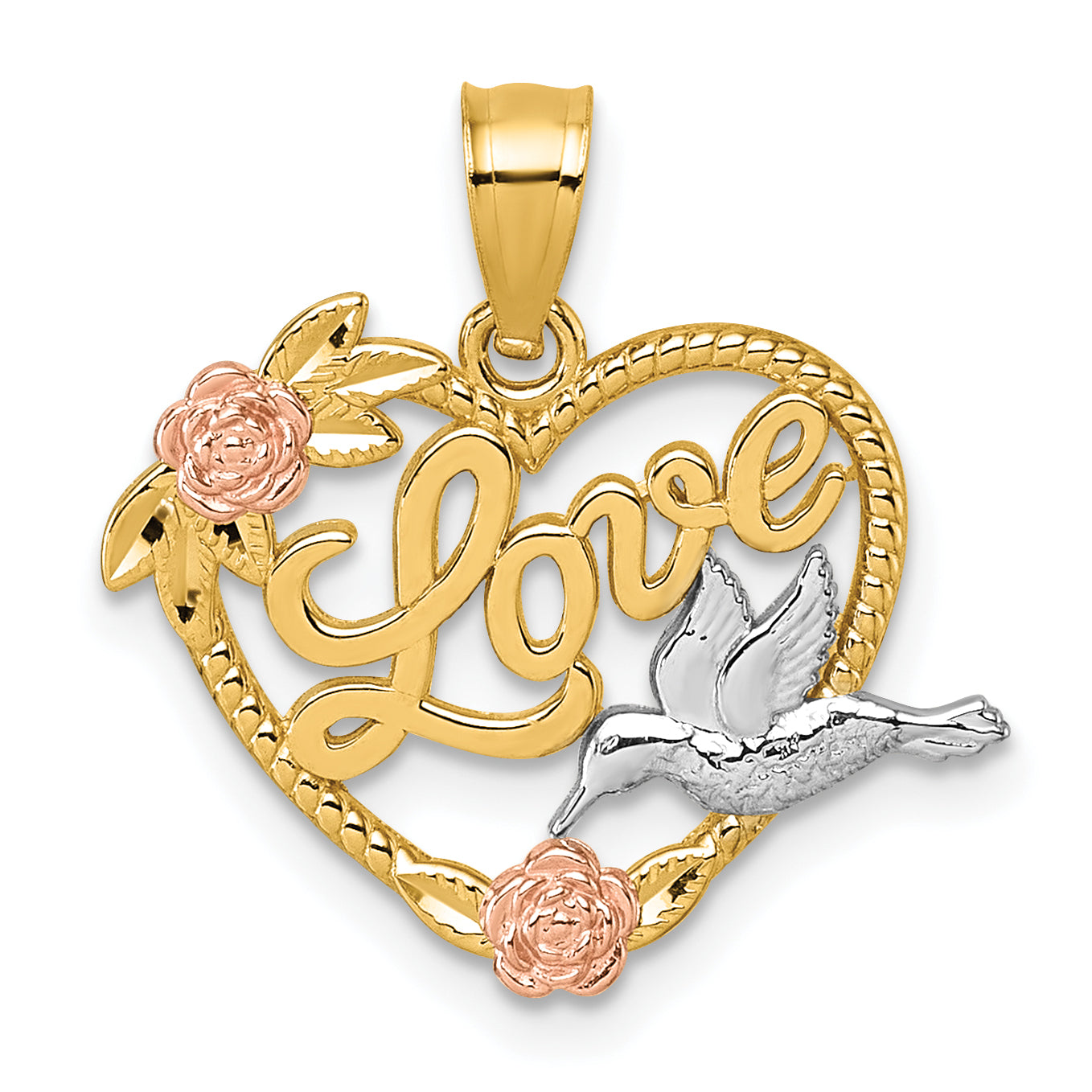 14k Two-tone and White Rhodium Polished LOVE Floral And Bird Heart Pendant Main image
