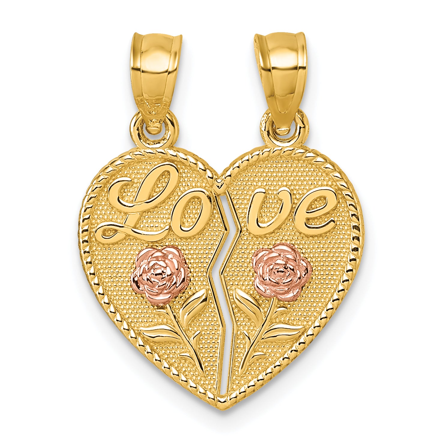14k Two-tone Polished Break-Apart Heart With LOVE And Roses Pendant Main image