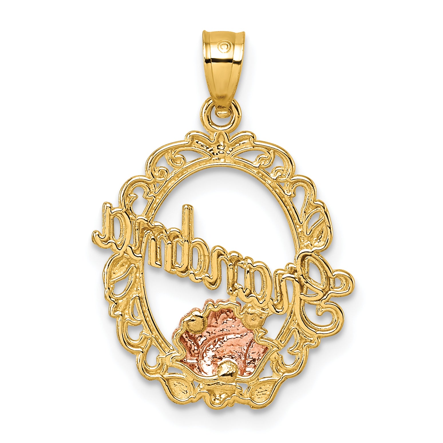 14k Two-tone and White Rhodium Polished GRANDMA Rose Oval Pendant