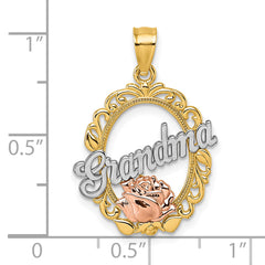 14k Two-tone and White Rhodium Polished GRANDMA Rose Oval Pendant