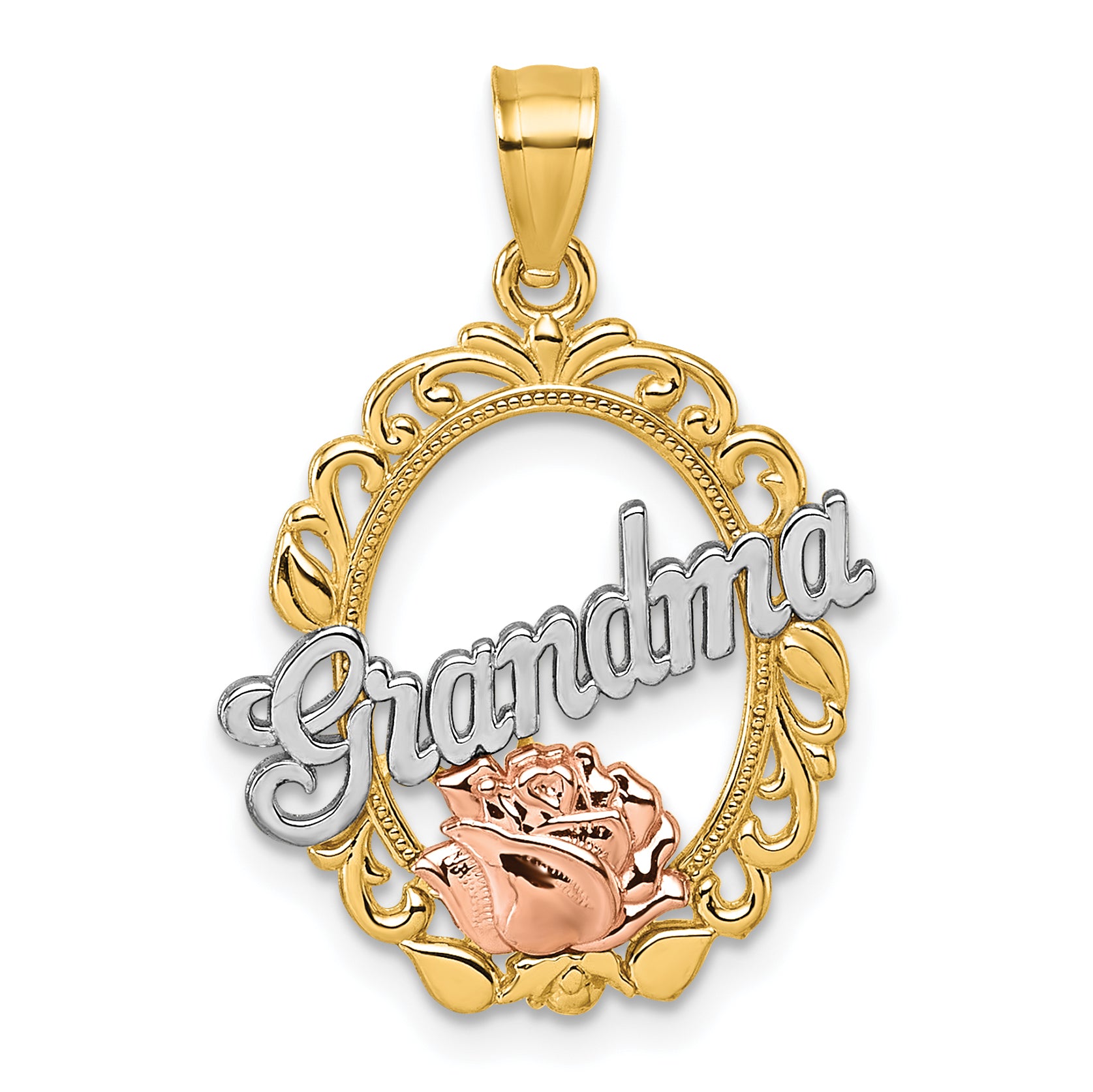 14k Two-tone and White Rhodium Polished GRANDMA Rose Oval Pendant Main image