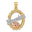 14k Two-tone and White Rhodium Polished GRANDMA Rose Oval Pendant