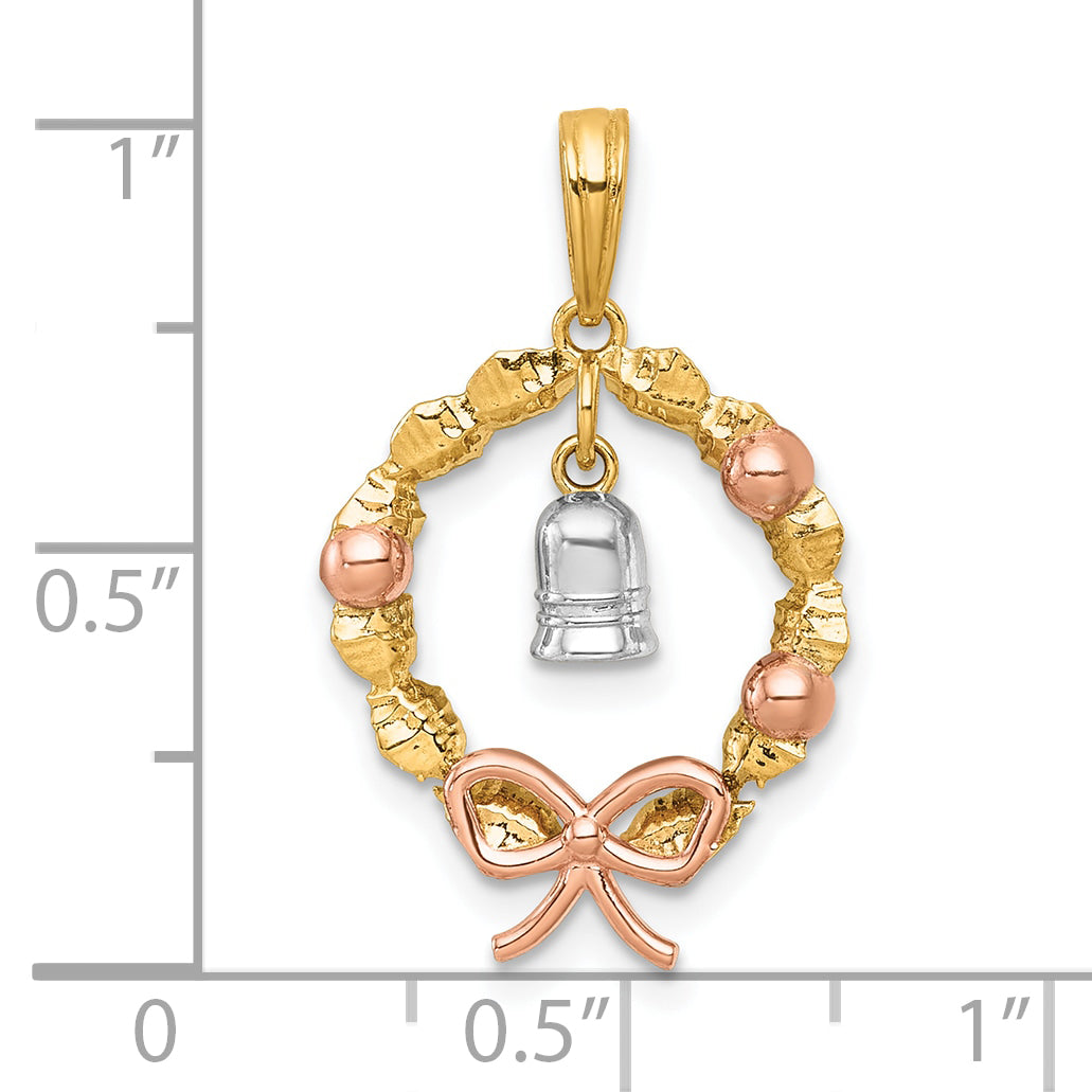 14k Two-tone with Rose-plating Polished Wreath With Dangle Bell Charm
